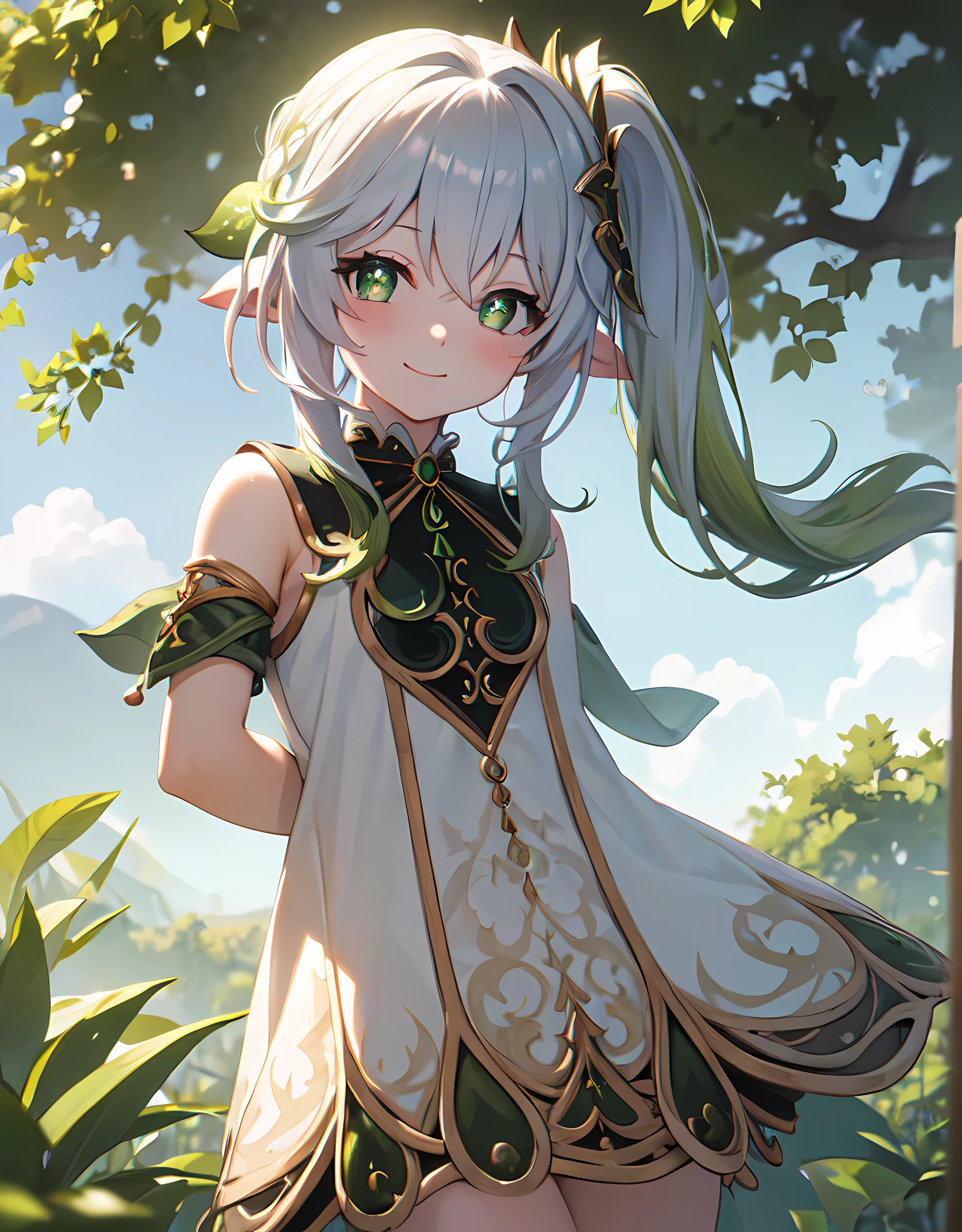 (masterpiece:1.2),(best quality,highres), meticulous shading and highlights, nahidarnd, white shirt, green tie, green skirt, smile, (upperbody), (arm behind back), outdoors, city