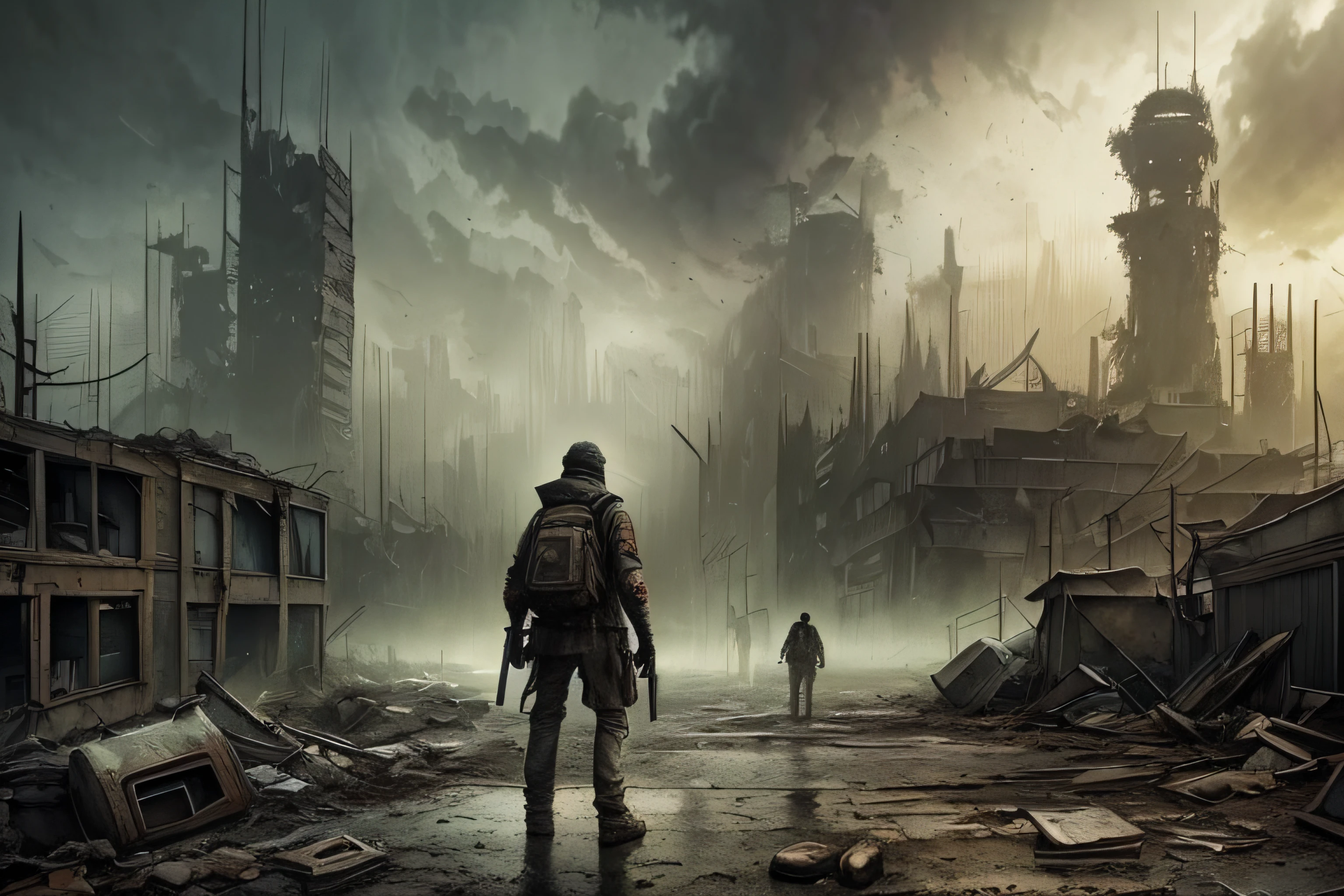 person wearing tattered clothes in the midst of a post-apocalyptic scenery, dark fantasy, very detailed, a post apocalyptic cityscape, muted colors, hyperrealism, fog, dark atmosphere, hdr, rainy, intricate details, fallout style