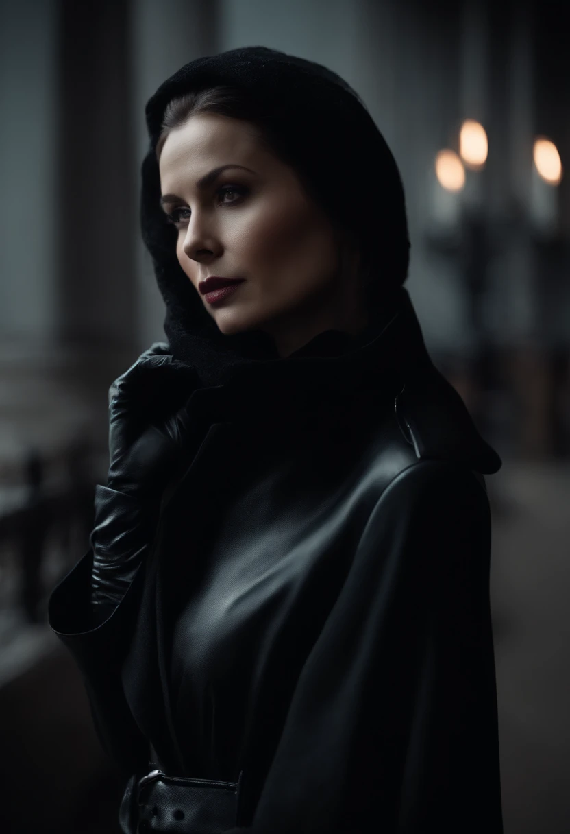 From the neck up, covered with a black veil、Black leather gloves、Black Leather Trench Coat、Mystery Woman in Black Leather Long Boots