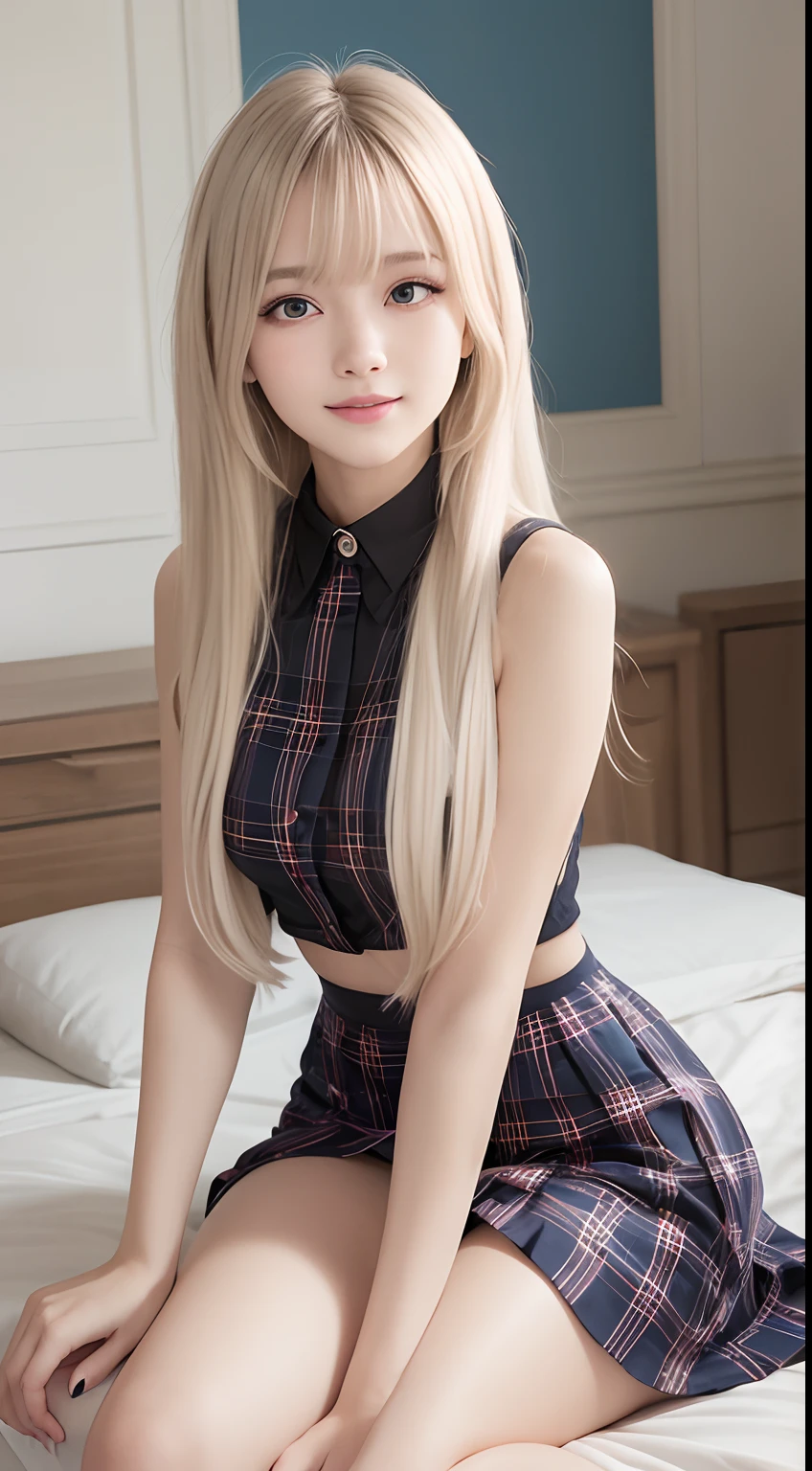 Smile、photorealisim、top-quality、超A high resolution、a picture、Photos of very beautiful Nordic-born girls、Extraordinarily beautiful girl、Detailed cute and beautiful happy face、(pureerosface_v1:0.008)、Beautiful bangs、alice in the wonderland、12year old、Glowing white shiny skin、Bangs that extend to the face、Bangs between the eyes、length hair、Attractive bright natural platinum blonde silky hair、Cute hairstyles、finer hair、thin-waist、High-definition eyes、Beautiful, Bright and clear、Big light blue eyes shine charmingly、Uniform Uniform、plaid pleated skirt、eye liner、Double eyelids、Lush medium semi-nude bust、clevage、Perfect beautiful young body、Perfectly proportioned body、Bedrooms、sit on a bed、sit in