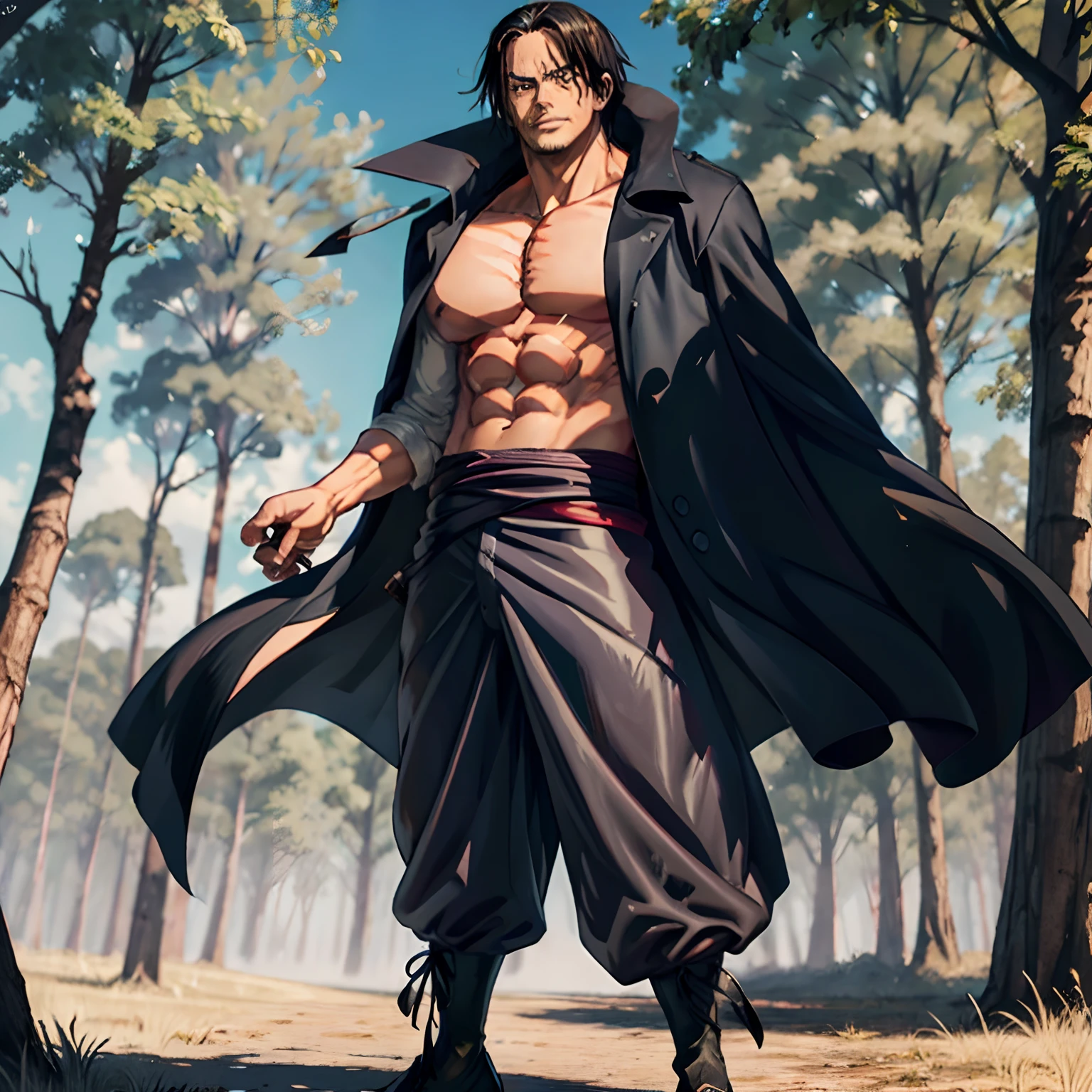 Muscular Male, buff, Toji Fushigoro, Fushigoro, Toji, Fushigoro Toji, powerful, shirtless, standing in a forest, clinging onto a tree, smiling, murderous intent, pure white eyes, no pupil, no pupils, buff, strong, long black pants, no shoes, sharp fingernails, long black hair with white highlights, purple fur coat, fashionable, long black hair, one man, chiseled body features, handsome, mighty, standing upright, facing the camera, full body in view, defined, detailed, long black hair, Eren Yeager, Yeager, Eren, detailed face, manly, light stubble, small thin beard, berserk looking, ferocious, monstrous, in clear view, main focus point, purple or black furcoat, scar claw mark over right eye