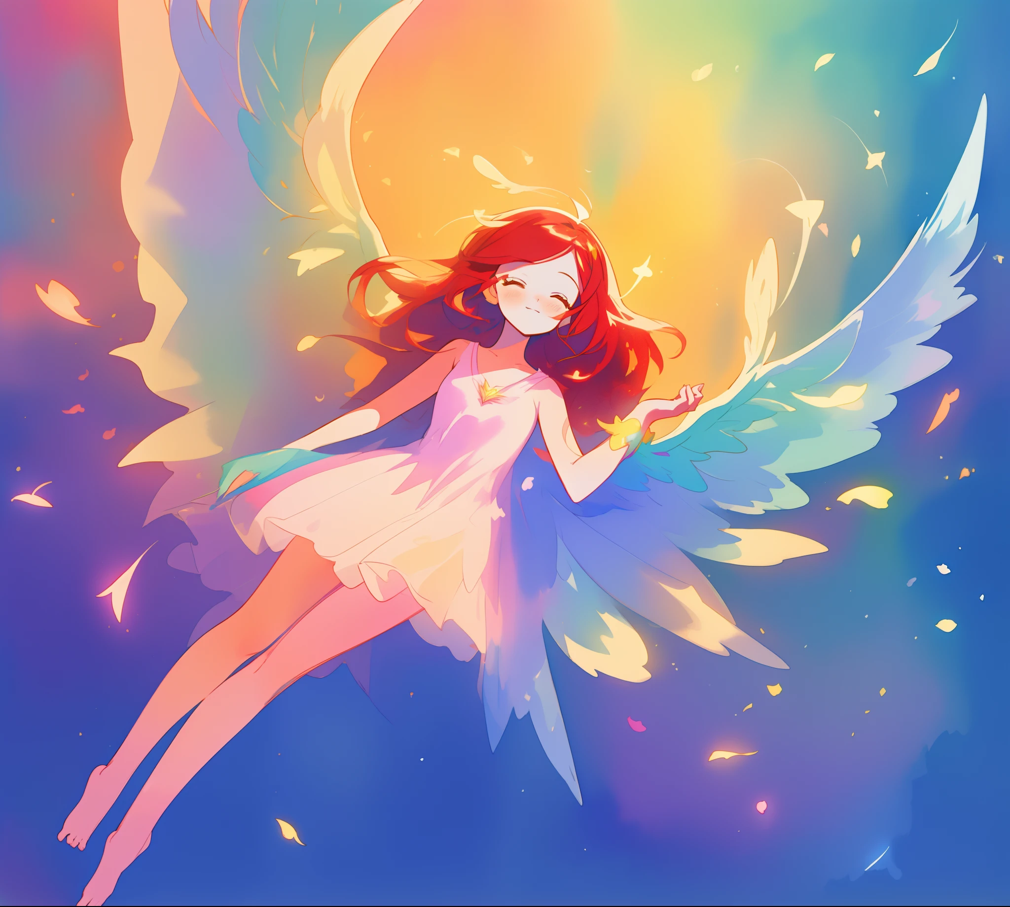 beautiful angel girl barefoot in shimmering long colorful dress, ((colorful angel wings)), vibrant pastel colors, long flowing red hair, colorful fantasia background, watercolor illustration, disney art style, beautiful digital illustration, beautiful, masterpiece, best quality, anime disney style, beautiful face, ((angel)), ((angel wings))
