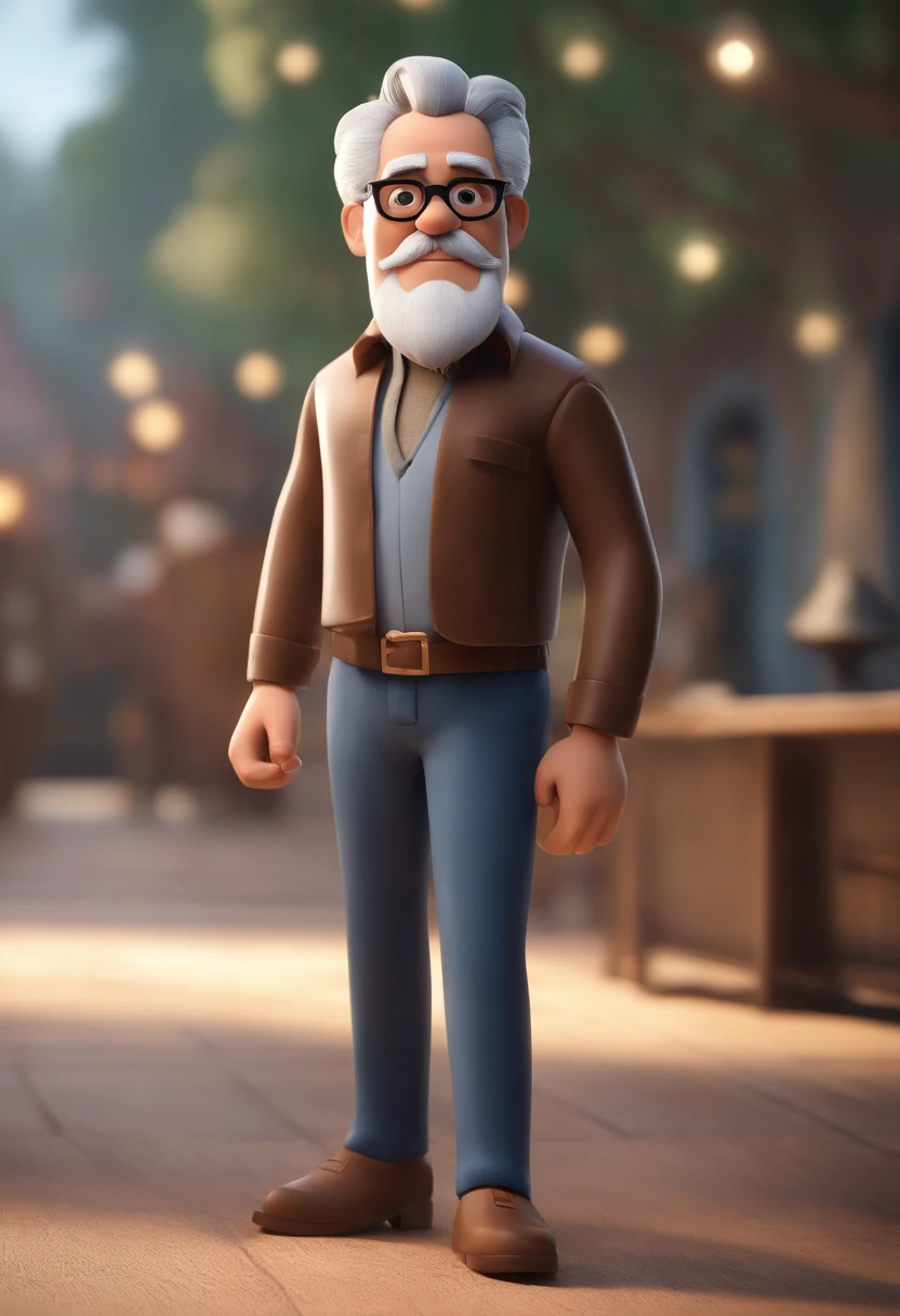 Cartoon character of a man wearing glasses, black beard and gray hair, olhos castanhos, uma camisa azul, um personagem animado, Caractere estilizado, animation style rendering, 3D estilizado, Arnold Maya render, 3 d render stylized, toon render keyshot, Personagem 3D, Personagem 3D, 3d rendering stylized, 3 d character render, personagem de desenho animado, Personagem de close up, Pose de personagem, (Estilo Pixar) (master part:1.2) (Bokeh) (best quality) (pele detalhada) (textura detalhada) (8k) (argila) (Cinematic lighting) (foco nítido，Senta e vaza a parte superior do corpo