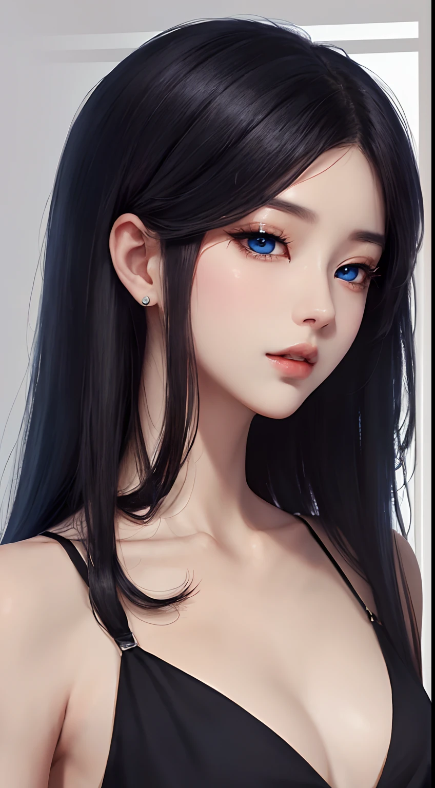 Black haired(manwha) (anime) blue eyes (long hair (Korean manwha) (black top) (portrait) (tall) (slender) (cool looking) (modern) (girl)