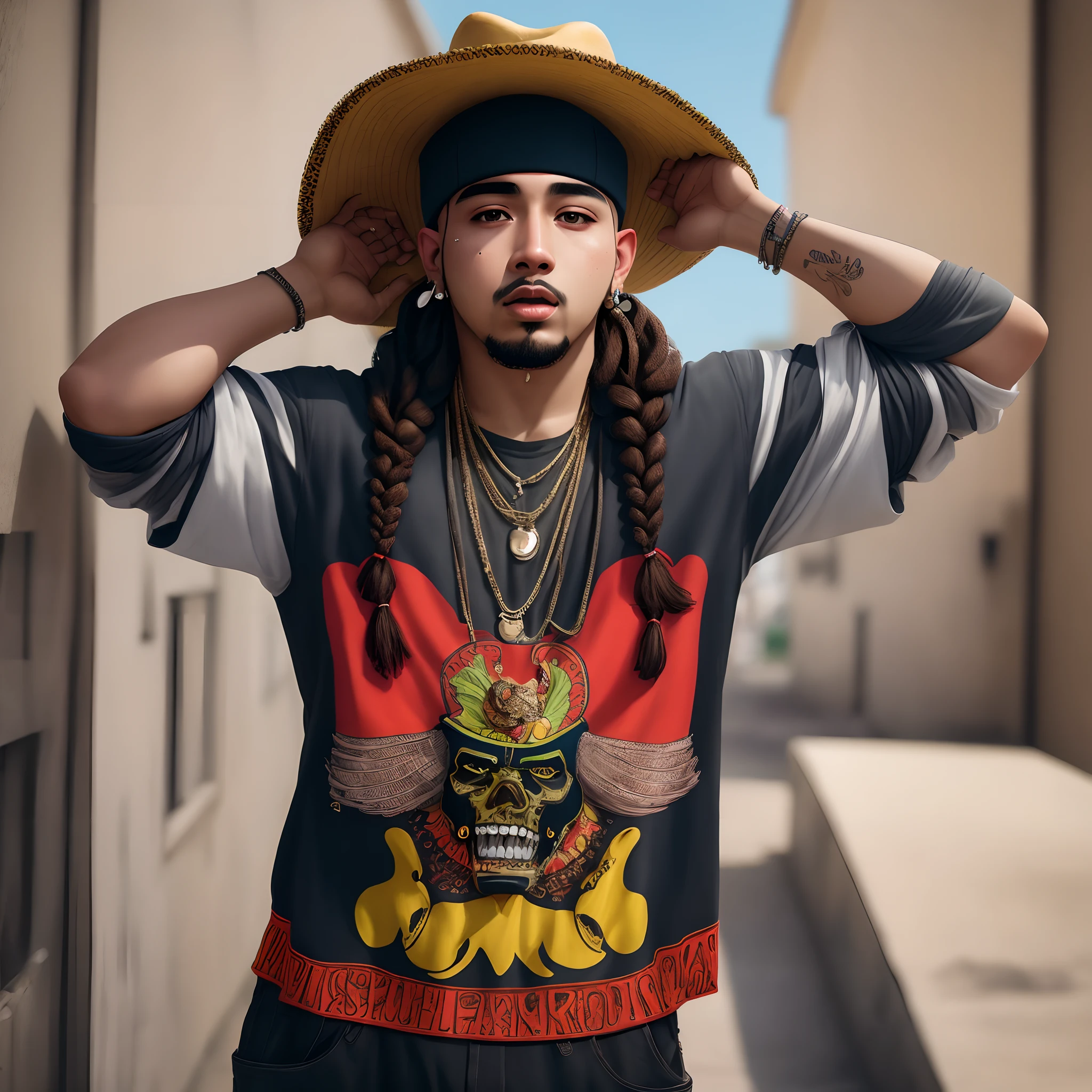 Mexican rapper with sombrero and braids in Houston