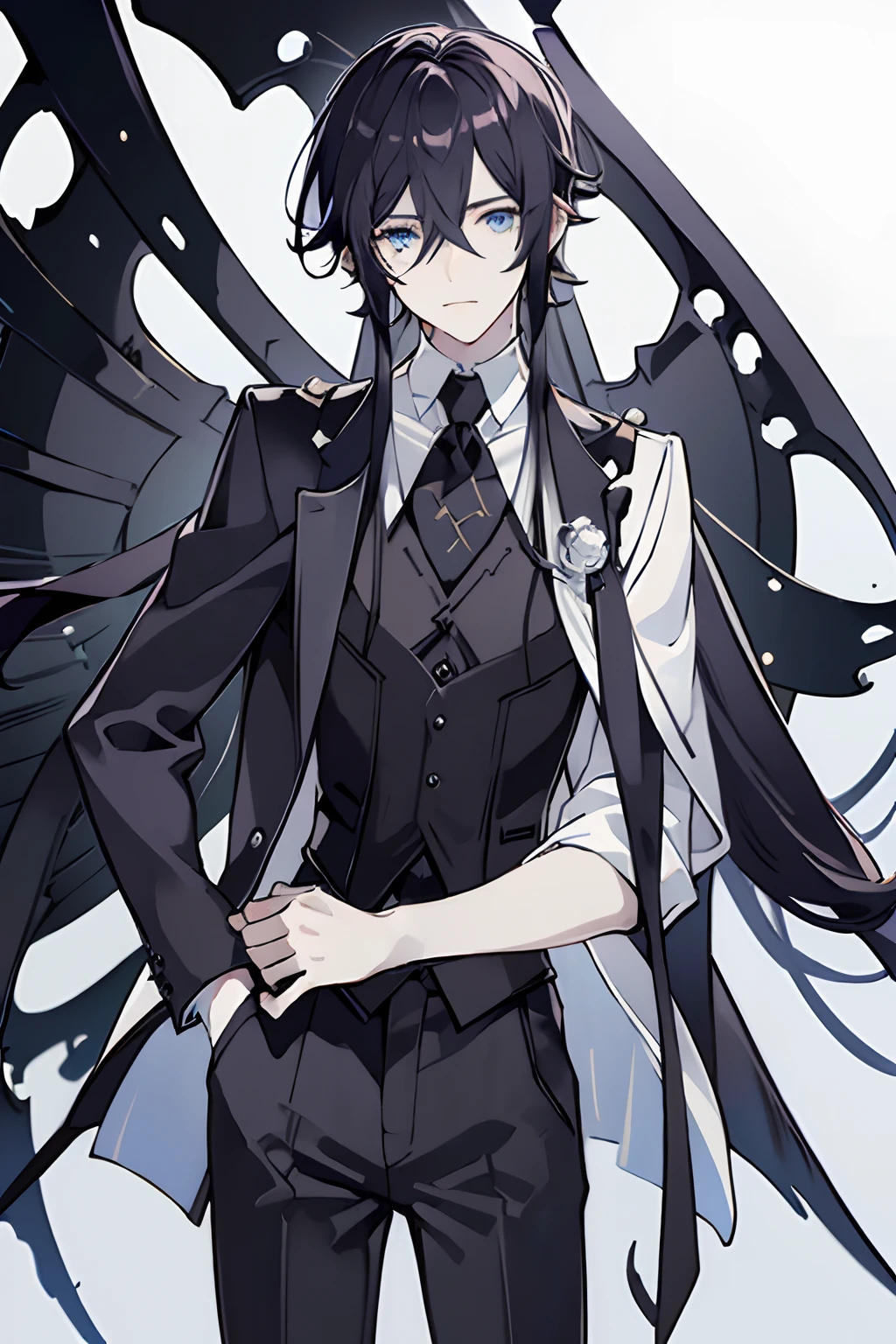 ((1 boy, Solo )), long black hair, blue eyes, pale skinned, whole body, hair between eyes, red lagimas,  black corset Vest, Black pants, white shirt, Chic jackets,