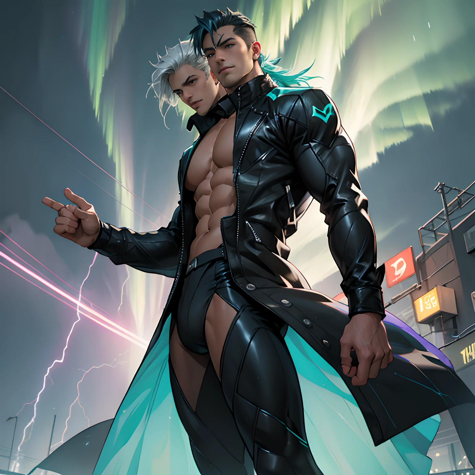 Male dancer, pirouette, long legs, dancing in the  Aurora  night, open jacket, extremely muscular masculine figure, heavy rain, neon hair, superhero, extremely muscular masculine man,  lightning between fingers