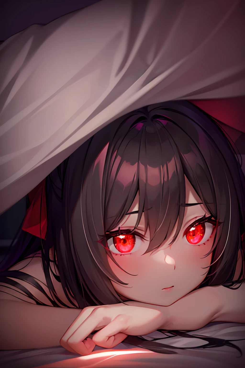A dark silhouette of a girl on you while your in bed in the dark, ((POV)), ((bright red glowing eyes))