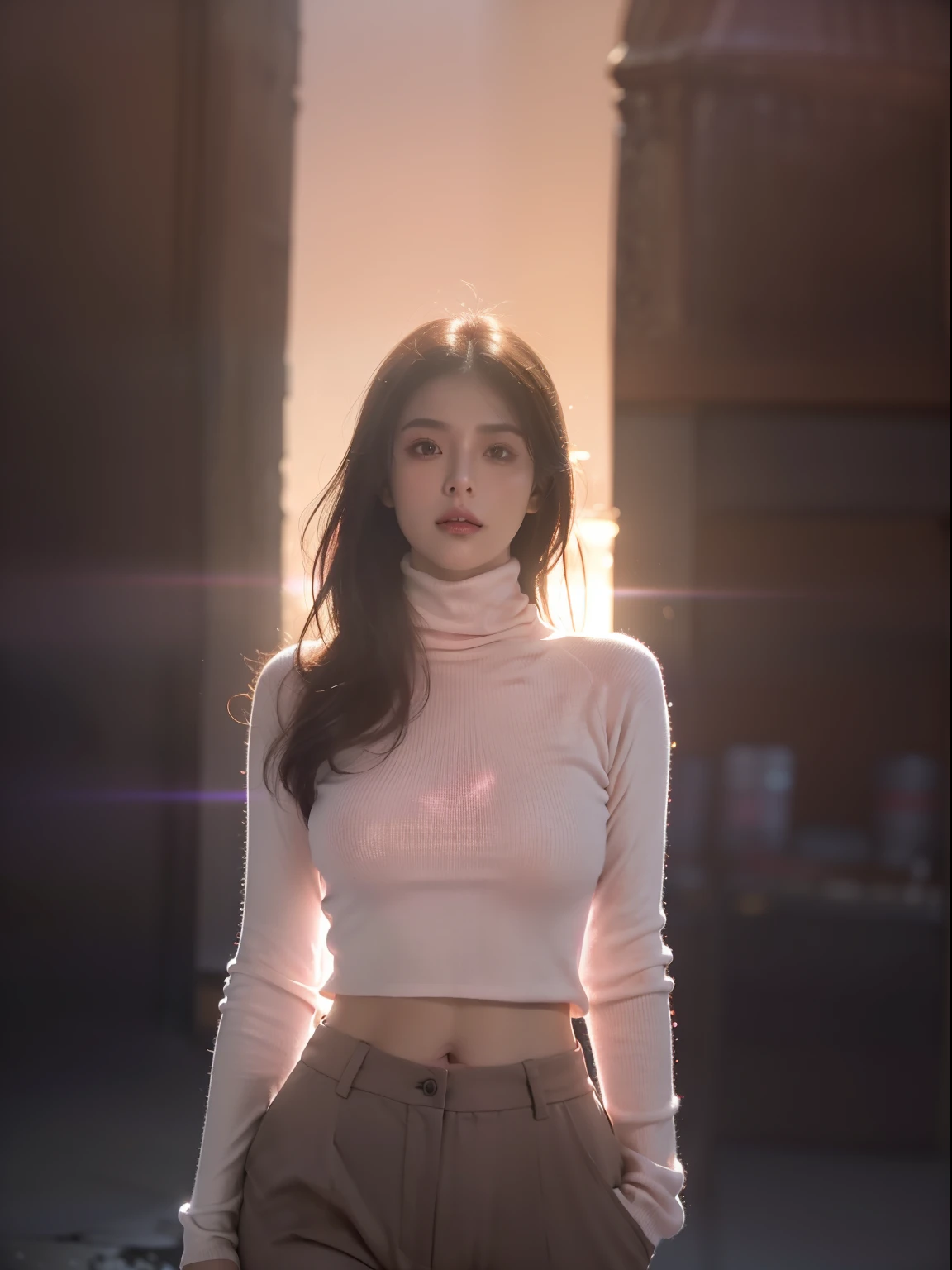 Enigmatic Atmosphere, Atmospheric, Ethereal quality,Realistic,Beautiful and aesthetic,, Solo,groin,Pink turtleneck, Brown pants,(NSFW:0.85),, democracy,, power station,, (glowing ambiance, enchanting glow, luminouslighting, Ethereal atmosphere, A mesmerizing glow, evocative hues, captivating coloration, Dramatic lighting, Enchanting aura),