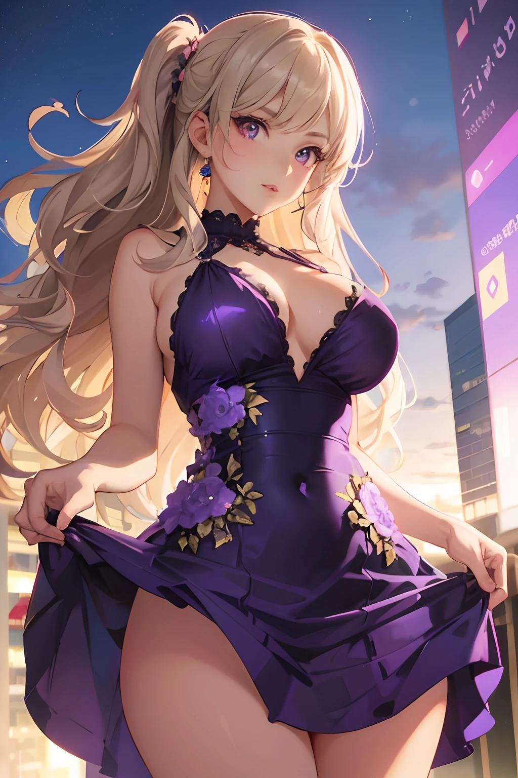 A woman in a gorgeous purple-white and pink dress is posing in front of the city, Cute anime waifu in a nice dress, in dress, very detailed Artgerm, Seductive Anime Girl, Style ArtGerm, Trending on ArtStation pixiv, beautiful alluring anime woman, style of artgerm, ArtGerm on ArtStation Pixiv,A detailed face,lip stick,Glossy lips,detailed dress