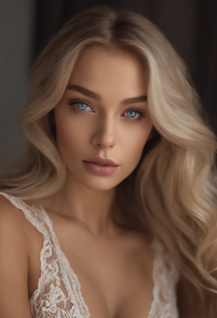 arafed woman fully , sexy girl with blue eyes, ultra realistic, meticulously detailed, portrait sophie mudd, blonde hair and large eyes, selfie of a young woman, bedroom eyes, violet myers, without makeup, natural makeup, looking directly at the camera, face with artgram, subtle makeup, stunning full body shot kneeling on bed, in bedroom, medium to large size bust; ; ;naked