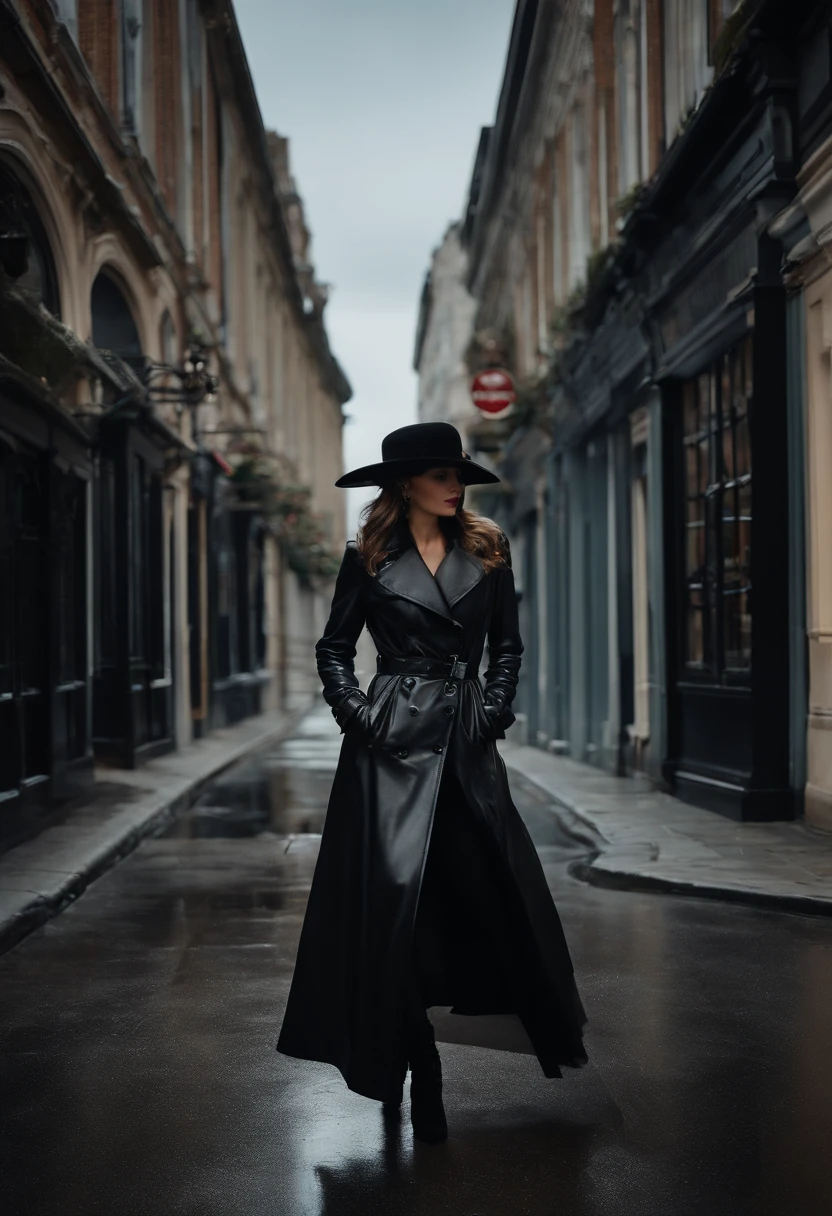 From the neck up, Everything is covered with a black veil、Black leather gloves、Black Leather Trench Coat、Mystery Woman in Black Leather Long Boots