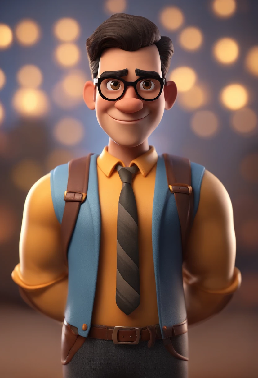 Cartoon character of a man wearing black glasses and a blue shirt, um personagem animado, Caractere estilizado, animation style rendering, 3D estilizado, Arnold Maya render, 3 d render stylized, toon render keyshot, Personagem 3D, Personagem 3D, 3d rendering stylized, 3 d character render, personagem de desenho animado, Personagem de close up, Pose de personagem, (Estilo Pixar) (master part:1.2) (Bokeh) (best quality) (pele detalhada) (textura detalhada) (8k) (argila) (Cinematic lighting) (foco nítido，Senta e vaza a parte superior do corpo