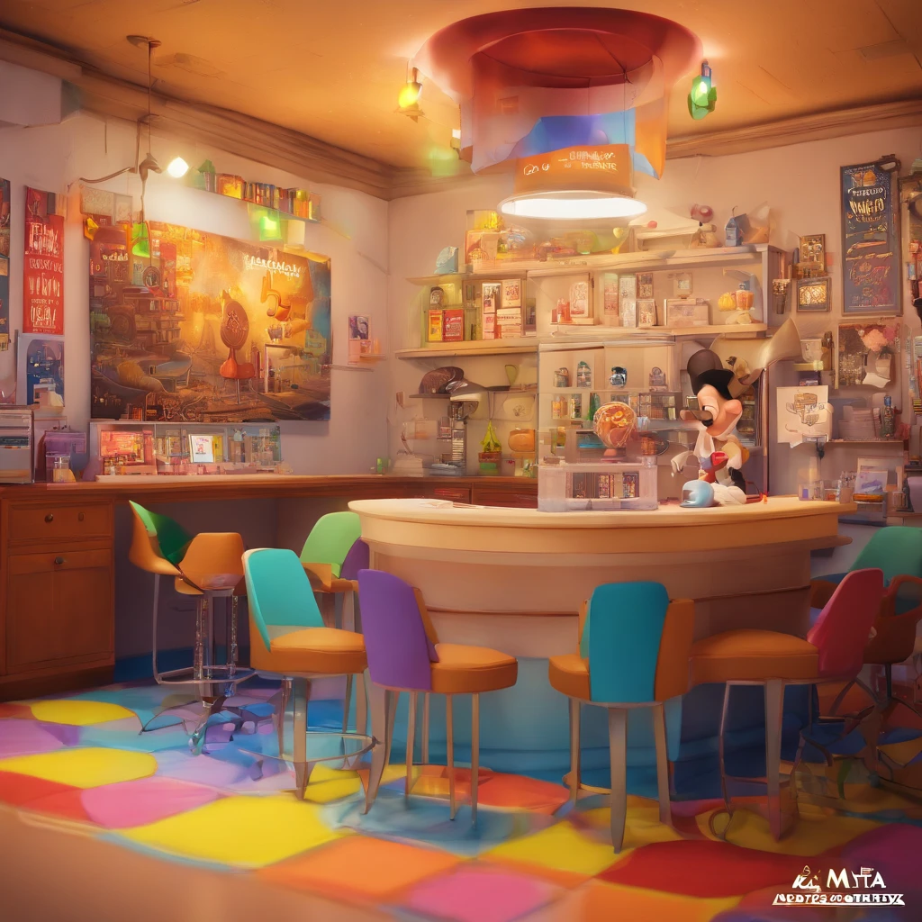 create a 3D movie poster inspired by Disney Pixar, The scene should be in Pixar's signature digital art style, com uma imagem caricatural que lembra a cantora brasileira "Anita" in the prone position, Wearing a bikini while a tattoo artist is sitting tattooing with a giant ring on one hand, inside a tattoo parlor.
