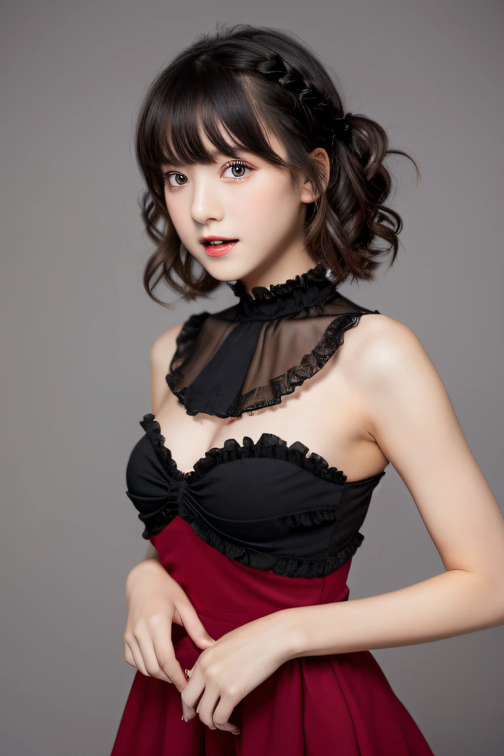 White plain background, studio. photo of a cute and beautiful vampire age actress (cloth: red and black), lots of frills, black long dress with, red large breasts,, black wavy bob hair blowing in the wind.