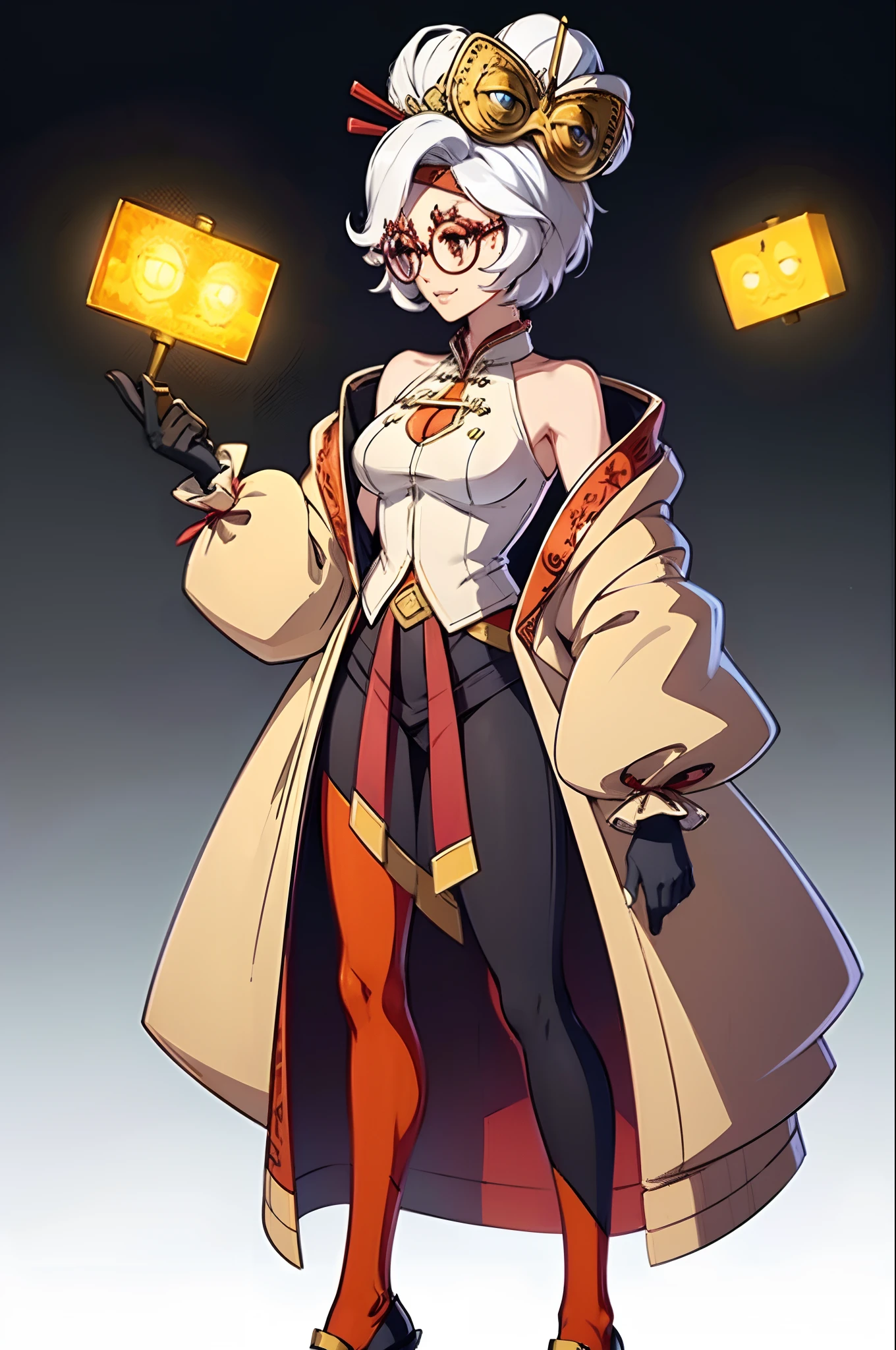 Solo, solo focus, 1girl, (masterpiece, best quality:1.3), reflections, extremely detailed, extremely detailed CG unity 8k wallpaper, cinematic lighting, detailed background, purah, red glasses, hair ornament, white jacket, sleeveless shirt, black skirt, orange leggings, smile, ufotable screen cap, fgo sprite:1.5, full body, standing, black background, simple background, looking afar,