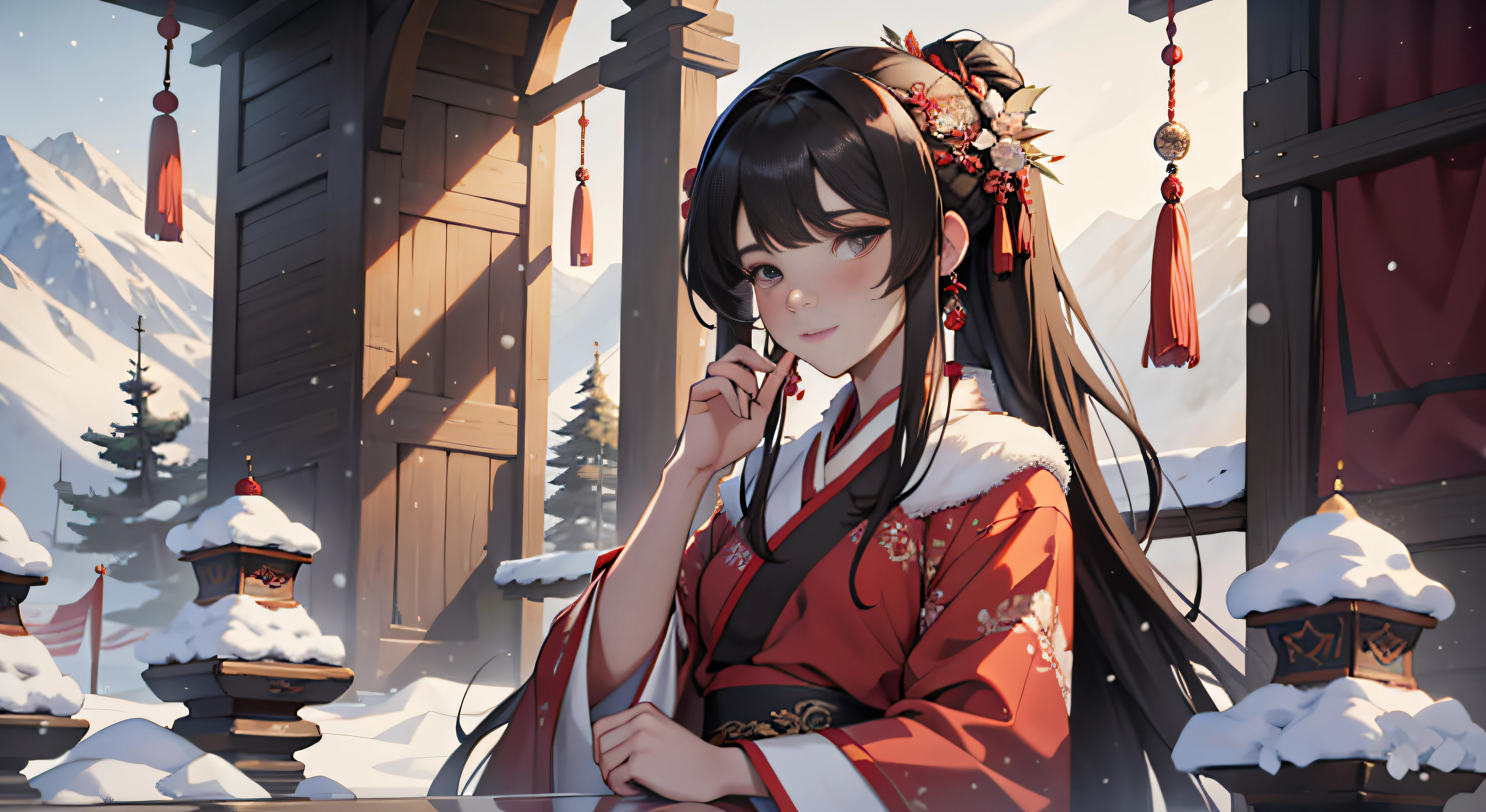 One wearing a red dress,A man with flowing hair、Alpha image of a beautiful woman with a hairstyle,palaces,A girl in Hanfu,Popular on CGstation,Guviz-style artwork,Guvitz,Popular in CGSTATION,inspired by Du Qiong,inspired by Ma Yuanyu,8K)),Cold winter,winter solstice,Wear thick clothing,There is a fur collar,nevando,Winter view,beautiful snowy landscape,Exquisite makeup,Beautiful facial features