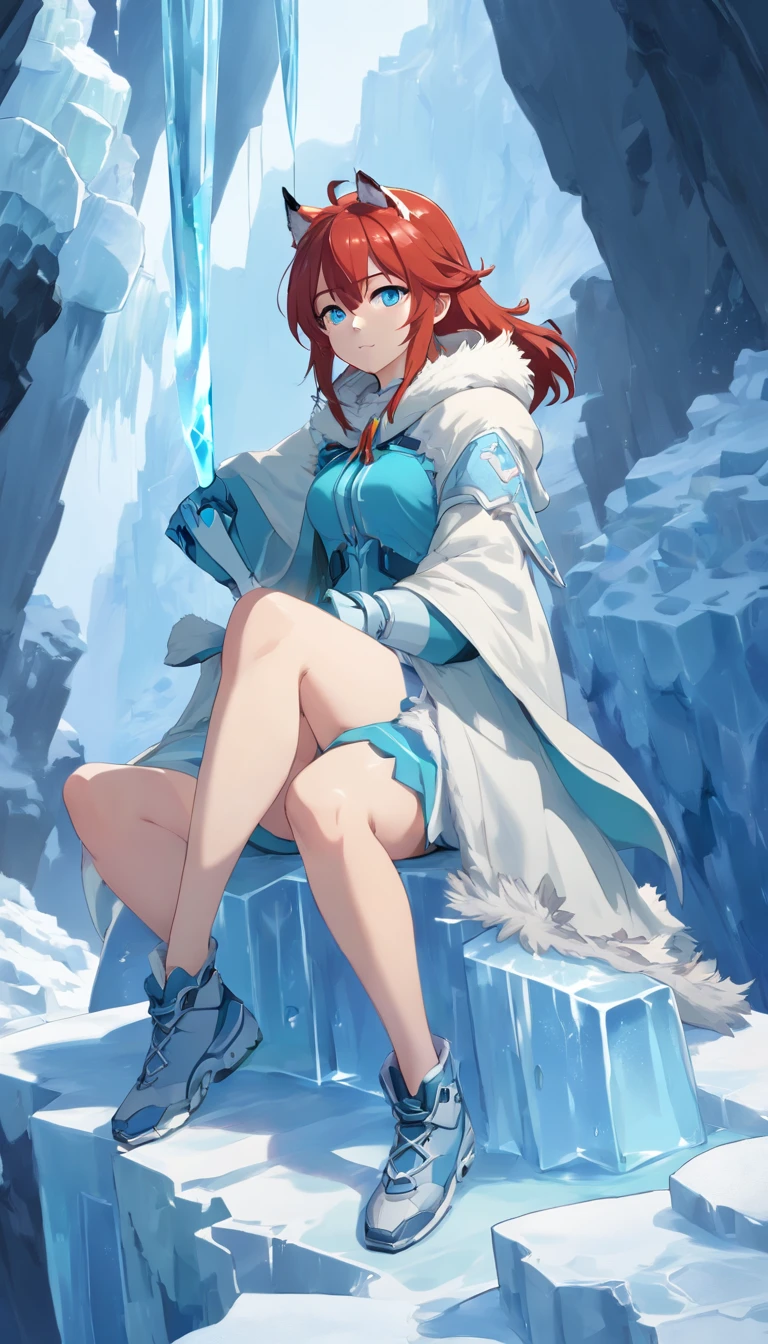 (Cold woman in ice shooter costume sitting on the edge of an ice cliff,Icebow Archer:1.2),(redhead hair: 1.5),(Fluffy Blue Hood,Cyan eyes,cane,Delicate and beautiful face:1.3),Subtle and perfect anatomy,Dynamic poses,Snowy day,Fantasy art,Next to him is a white wolf,Prehistory of glaciers,Ice cliffs under your feet,A white_Rendering a Blue Gradient,Outstanding picture quality,high resolusion,higly detailed,Object Shadows,Dynamic Light Sources,Cloudy days,Screen dimming,tmasterpiece,official arts,Full-length chart,A white wolf was lying next to a woman,Detailed Hair Representation,,Luna River,Tianqingniu,flower,1 girl