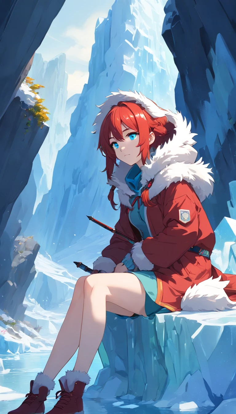 (Cold woman in ice shooter costume sitting on the edge of an ice cliff,Icebow Archer:1.2),(redhead hair: 1.5),(Fluffy Blue Hood,Cyan eyes,cane,Delicate and beautiful face:1.3),Subtle and perfect anatomy,Dynamic poses,Snowy day,Fantasy art,Next to him is a white wolf,Prehistory of glaciers,Ice cliffs under your feet,A white_Rendering a Blue Gradient,Outstanding picture quality,high resolusion,higly detailed,Object Shadows,Dynamic Light Sources,Cloudy days,Screen dimming,tmasterpiece,official arts,Full-length chart,A white wolf was lying next to a woman,Detailed Hair Representation,,Luna River,Tianqingniu,flower,1 girl