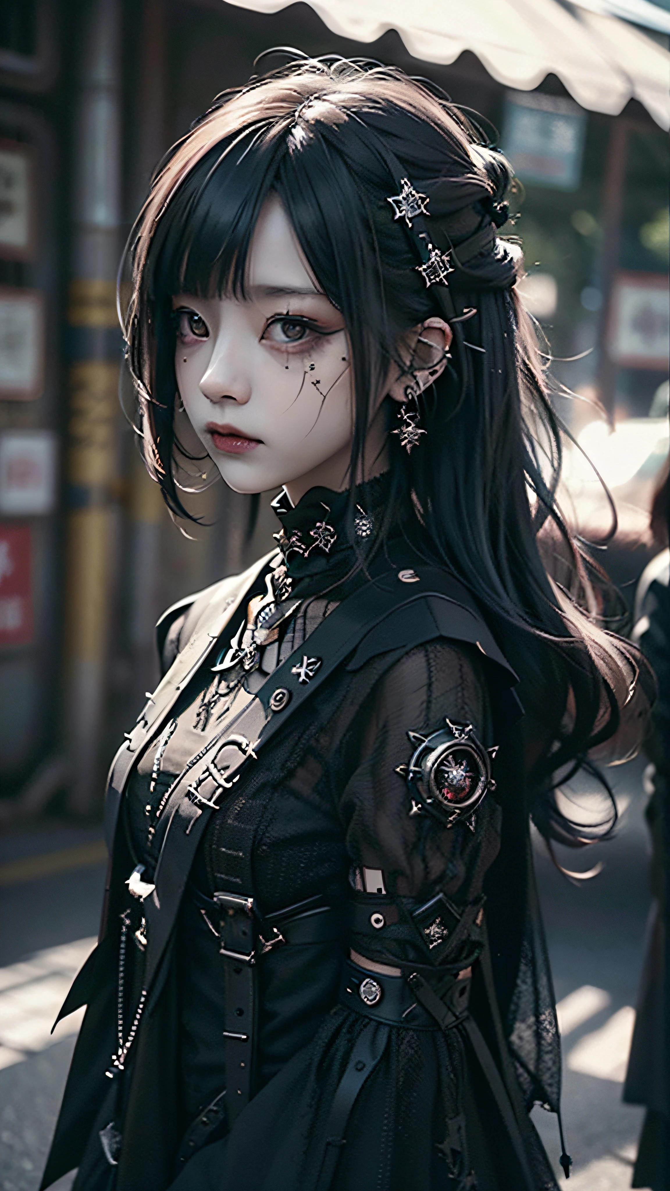 top-quality、8K、masterpiece:1.3、Gothic punk、Red inner color、A dark-haired、hair adornments、a beauty girl、creative、dark fantasy style、Neogos、Goth Fashion:1.2、hight resolution、masterpiece、top-quality、headw:1.3、((Hasselblad photo))、Fine-grained skin、Sharp Focus、(lighting like a movie)、Realistic texture m hair