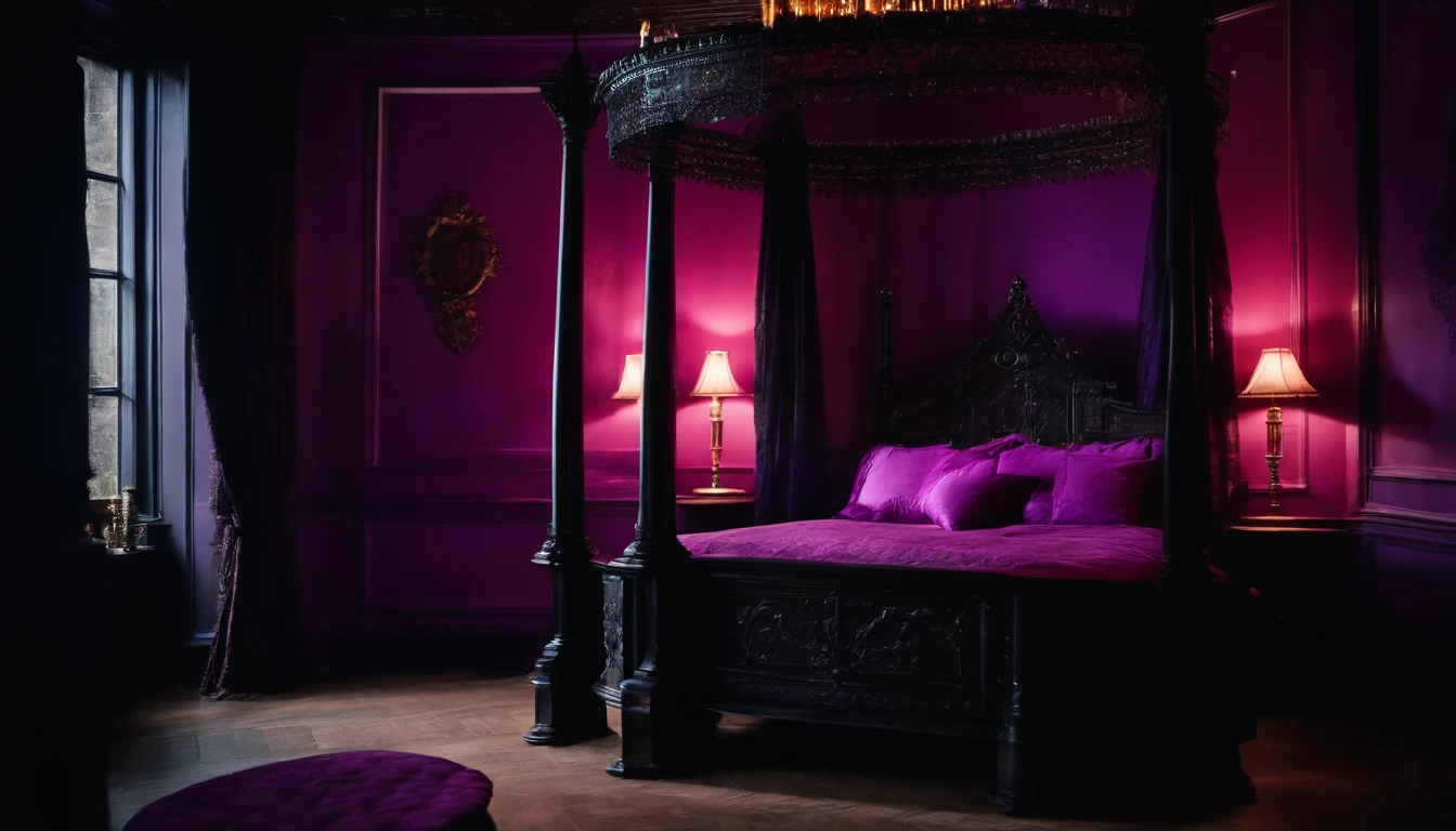 gothic bedroom at night, four poster bed, lots of candles, violet and hot pink, victorian architecture, candlelight,