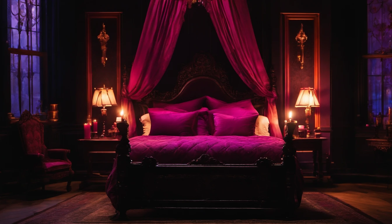 gothic bedroom at night, four poster bed, lots of candles, violet and hot pink, victorian architecture, candlelight,