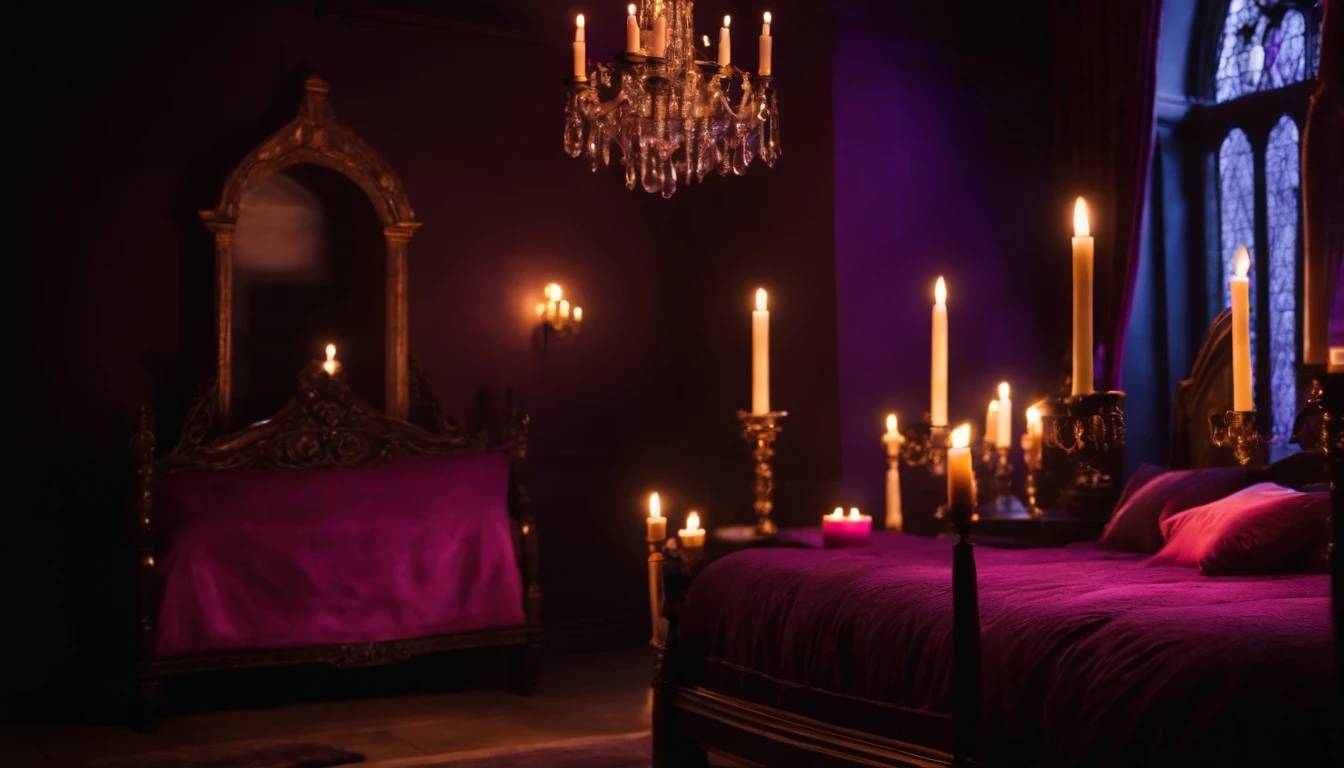 gothic bedroom at night, four poster bed, lots of candles, violet and hot pink, victorian architecture, candlelight,