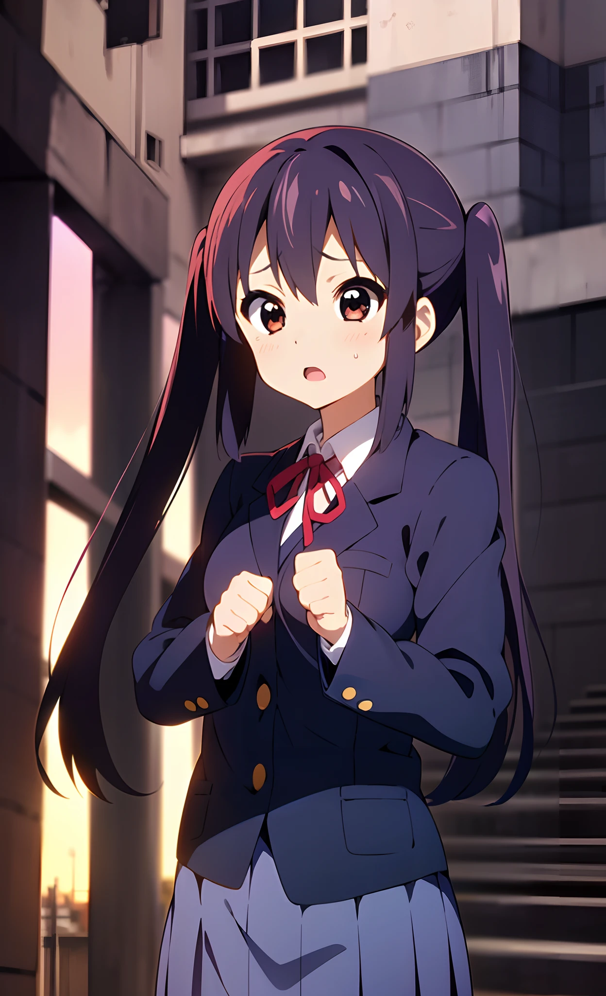 1girl, (((masterpiece))), highest quality, best quality, high detail, nakano azusa, 1girl, sakuragaoka high school uniform, school uniform, twintails, long hair, black hair, brown eyes, solo, red , a navy blue blazer with red narrow ribbon, a solid white buttoned shirt under the blazer, illustration, cartoon, soothing tones, calm colors, soft cinematic light, adobe lightroom, photolab, hdr, intricate, highly detailed, ((((depth of field)))). (((takeout))).dynamic focus.((big breasts)).(((Skyscrapers))).(((A city scape))).(((Face of sadness))). open mouth.(((Clench your fists))).(((up chest))).((evening glow)).((the setting sun)).
