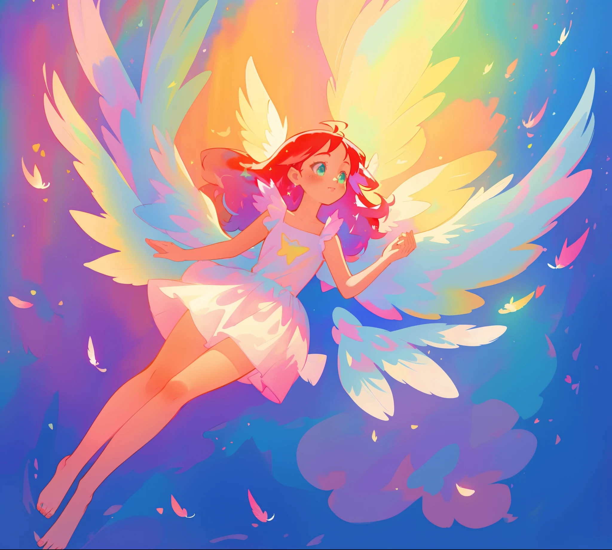 beautiful angel girl in shimmering pink long puffy dress, ((colorful angel wings)), ((colorful)), puffy swhimmering sparkling skirt, barefoot, colorful pastel angel feathers, (angel feathers), vibrant pastel colors, long flowing red hair, colorful fantasia background, watercolor illustration, disney art style, beautiful digital illustration, beautiful, masterpiece, best quality, anime disney style, beautiful face