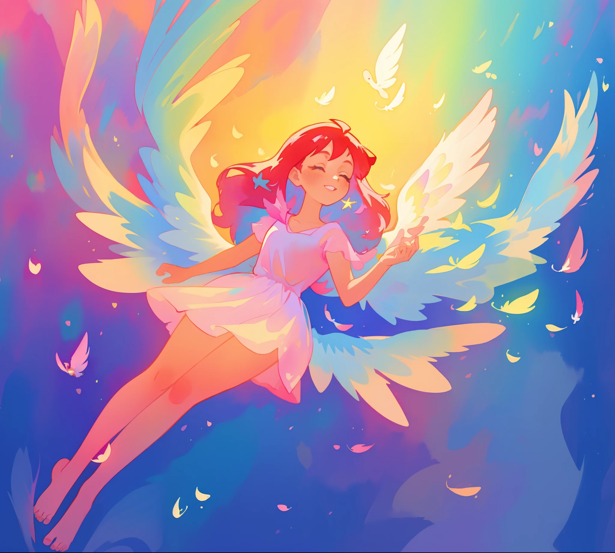 beautiful angel girl in shimmering pink long puffy dress, ((colorful angel wings)), ((colorful)), puffy swhimmering sparkling skirt, barefoot, colorful pastel angel feathers, (angel feathers), vibrant pastel colors, long flowing red hair, colorful fantasia background, watercolor illustration, disney art style, beautiful digital illustration, beautiful, masterpiece, best quality, anime disney style, beautiful face