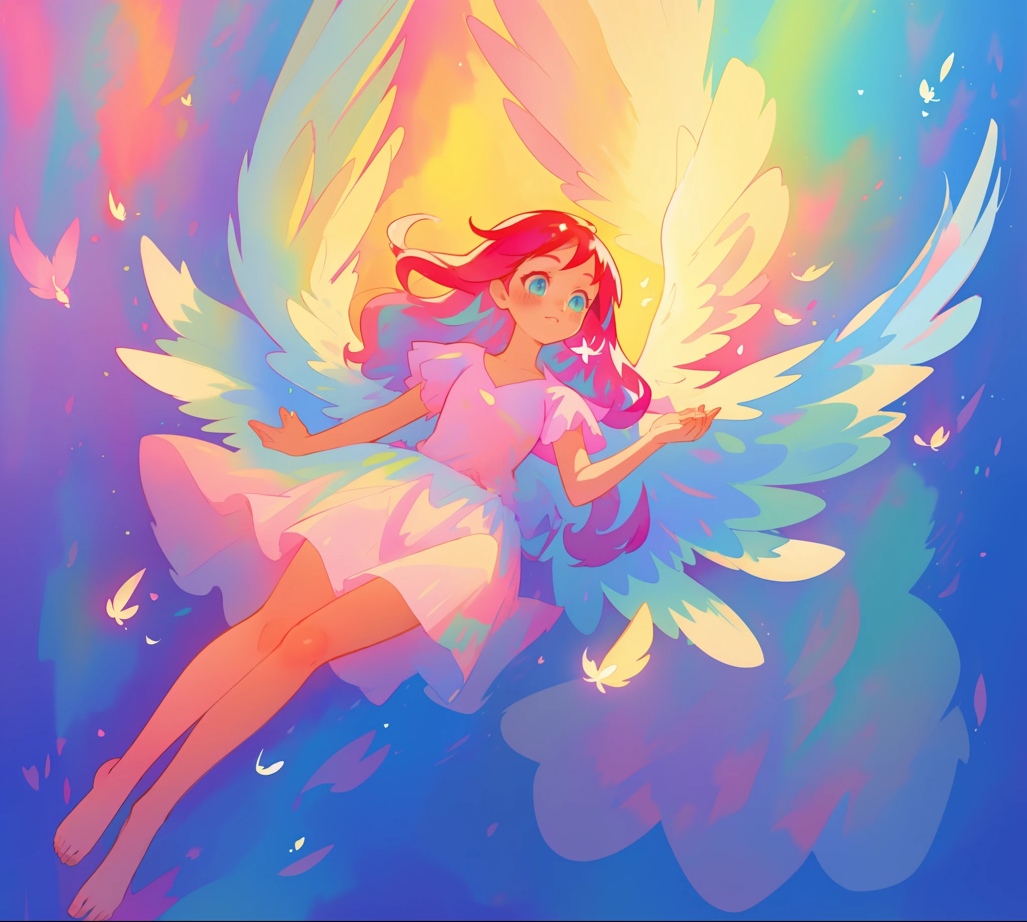 beautiful angel girl in shimmering pink long puffy dress, ((colorful angel wings)), ((colorful)), puffy swhimmering sparkling skirt, barefoot, colorful pastel angel feathers, (angel feathers), vibrant pastel colors, long flowing red hair, colorful fantasia background, watercolor illustration, disney art style, beautiful digital illustration, beautiful, masterpiece, best quality, anime disney style, beautiful face
