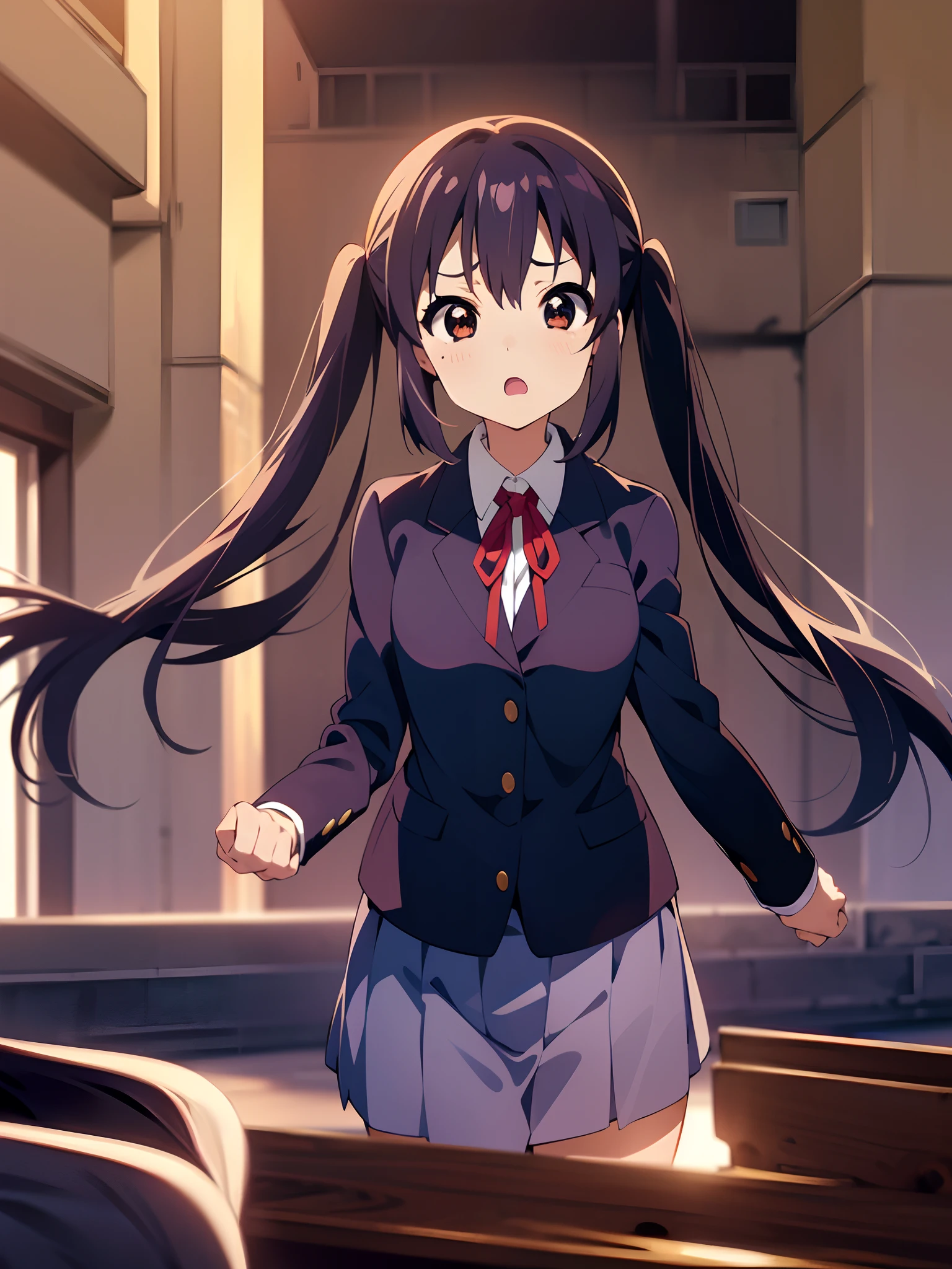 1girl, (((masterpiece))), highest quality, best quality, high detail, nakano azusa, 1girl, sakuragaoka high school uniform, school uniform, twintails, long hair, black hair, brown eyes, solo, red , a navy blue blazer with red narrow ribbon, a solid white buttoned shirt under the blazer, illustration, cartoon, soothing tones, calm colors, soft cinematic light, adobe lightroom, photolab, hdr, intricate, highly detailed, ((((depth of field)))). (((takeout))).dynamic focus.((big breasts)).(((Skyscrapers))).(((A city scape))).(((Face of sadness))). open mouth.(((Clench your fists))).(((up chest))).((evening glow)).((the setting sun)).