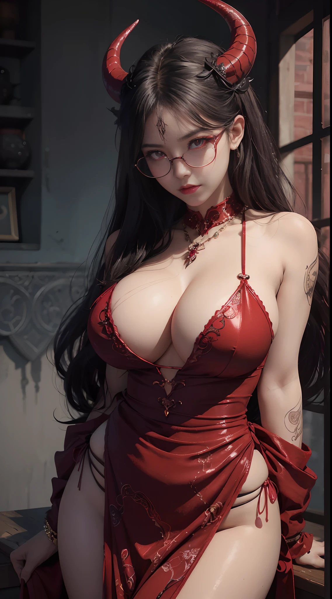 Fine、(The best illustrations)、8k UHD resolution、intricate-detail、top-quality、realisitic、ultra-detailliert、The best lighting、Best Shadows、Soft lighting、Ulutra HD、Ultra-realistic、Tindall Effect、Photorealsitic、(High Detail Skins:1.2)、 (Intricate details, makeup, pureerosface_v1:0.5), (Detailed beautiful delicate face, Detailed beautiful delicate eyes, A perfectly proportioned face, High detailed skin, Detailed skin, best ratio four finger and one thumb, arms below breasts, Tattoo with a red glow under the stomach、Awesome awesome, wide hips, smooth midriff, skiny and thin, __Fashion__, __hair__:1.25)、Digital SLR、 absurderes、1 beautiful devil woman from hell, surreal female portraits by David Hockney and Alphonse Mucha, Portrait of a seductive woman、Fantasy Art, Chinese Doll、Chinese actress、Dungeon、The dragon、Devil's Palace、Devil's Torture Chamber、natta、Dark style 、In the Dark、(Detailed spooky backgrounds:0.8), magia、 1人、Evil Nun、Dark Necromancer、Succubus、Devil's Daughter、Umi Shinonome、Bat Wings,(((Demon Horns)))、 ((((Huge glasses, Otaku Glasses, thick glasses, Round glasses)))),(((Colossal tits)))、(Devil's Tail)、(red eyes glowing:1.6)、red eyes make up very sharp and detailed, The eyes are very well made up, ((Red Eye:1.0)),intricate tattoos, demonic intricate tattoos, thigh tattoos, body tattoos, masterpiece、The most beautiful face、a baby face、Charming smile、plump beautiful red lips、Muscular seductive body、The enchanting body of the devil、devil style、Seductive Black Magic Costume、(((A shiny red snake is wrapped around her body)))、The long-haired、Braids、Black hair、Ponytail distortion、, Ponytail with a bow tied at the back of the hair, Beautiful expression、Body Up、Large breasts emphasis、Bust, Super tight breasts, Breast augmentation surgery, The breasts are very big and round and round,Toned waist、Wide buttocks、 lowkey, cowboy lens, (red phoenix dress: 1.0), devil crown, Red sparkling gemstone necklace、Jewelry Gwise, wearing black mesh socks,wearing a thin red and