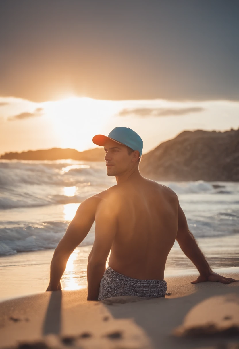 Light brunette man in cap on beach taking a self with his iPhone