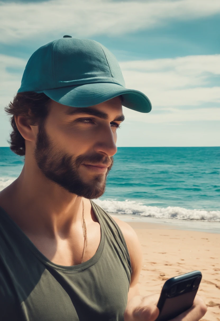Light brunette man in cap on beach taking a self with his iPhone