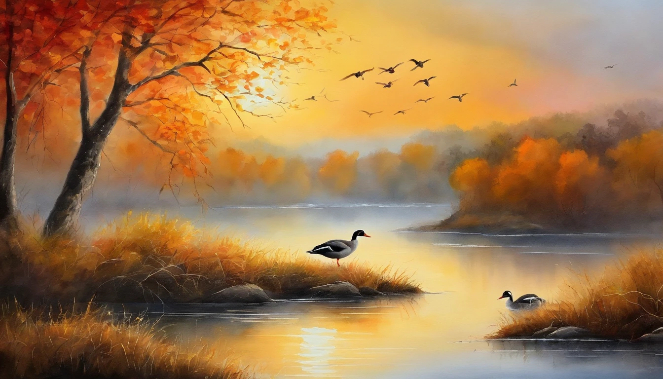((Masterpiece)), ((Best quality)), 8K, high detal, Ultra-detailed, evening light ,Simple colors,Chinese landscape painting style,A duck flies in the setting sun,Reflection, Autumn, River, Vast sky, merging, serene, harmonious, Peaceful