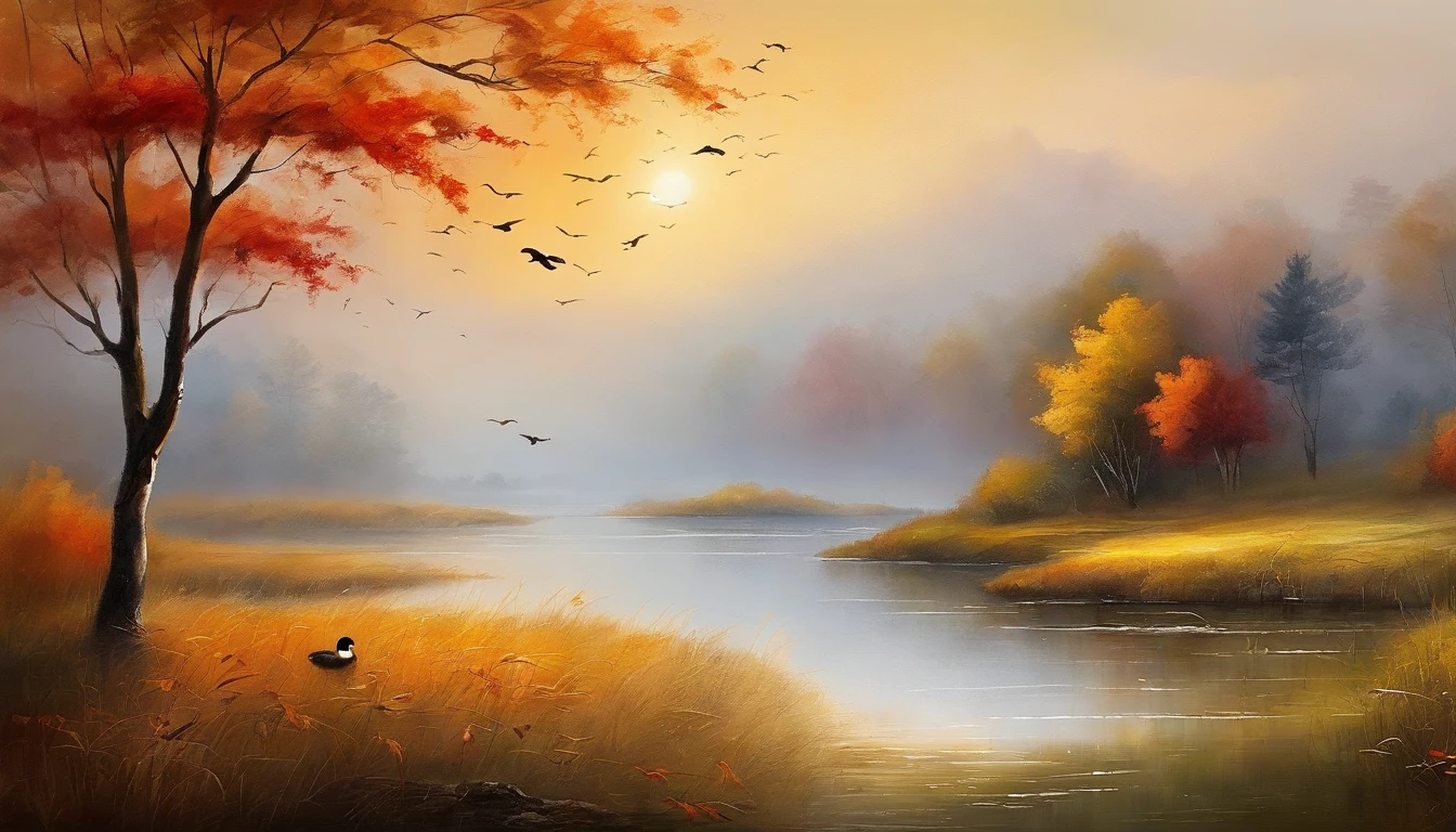 ((Masterpiece)), ((Best quality)), 8K, high detal, Ultra-detailed, evening light ,Simple colors,Chinese landscape painting style,A duck flies in the setting sun,Reflection, Autumn, River, Vast sky, merging, serene, harmonious, Peaceful