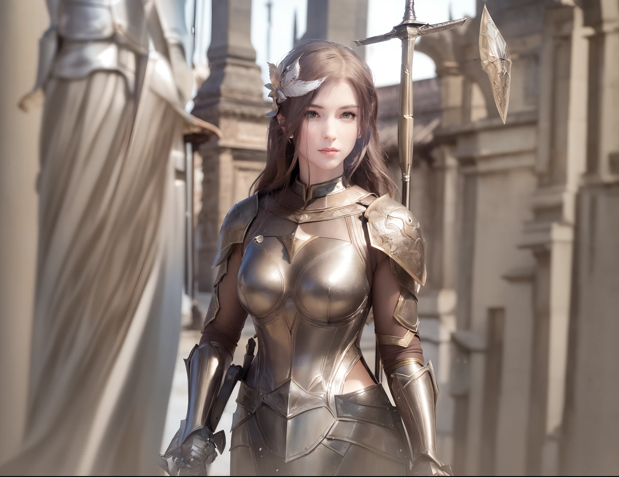 best quality, masterpiece, (realistic:1.2), 1 ghost girl , brown hair, brown eyes,Front, detailed face, beautiful eyes, gothic city, armor, Soward in hand, levitating.