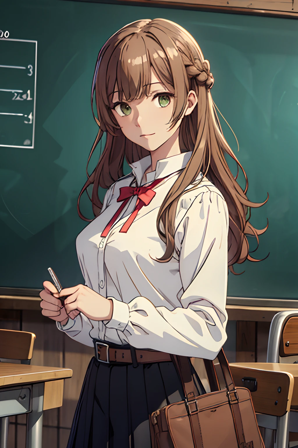 ((masterpiece,best quality)), highres, extremely detailed 8K wallpaper, depth_of_field, cowboy shot, solo, 1girl, saeki sayaka yagatekimininaru, long hair, light brown hair, braid, green eyes, bow, big breasts, , school uniform, white sailor collar, brown jacket, brown sleeves, red bow, red ribbon, black shirt, belt, classroom, night,