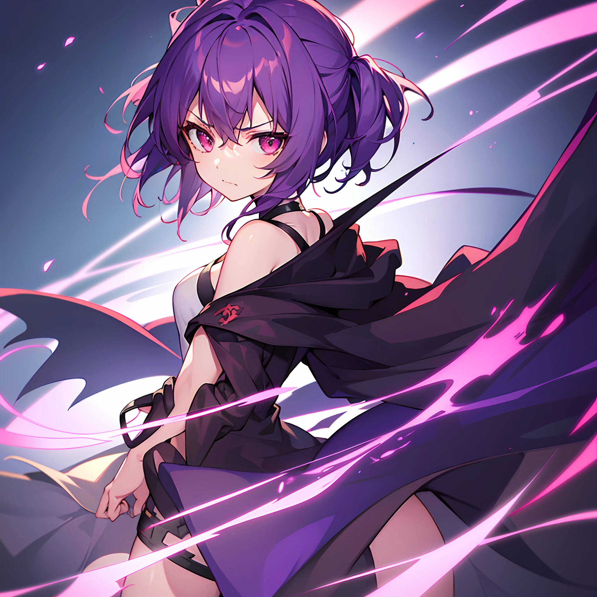 One girl, short purple hair, better shadows, better light, better facial detail, red eyes, portrait, very angry, devil smile.