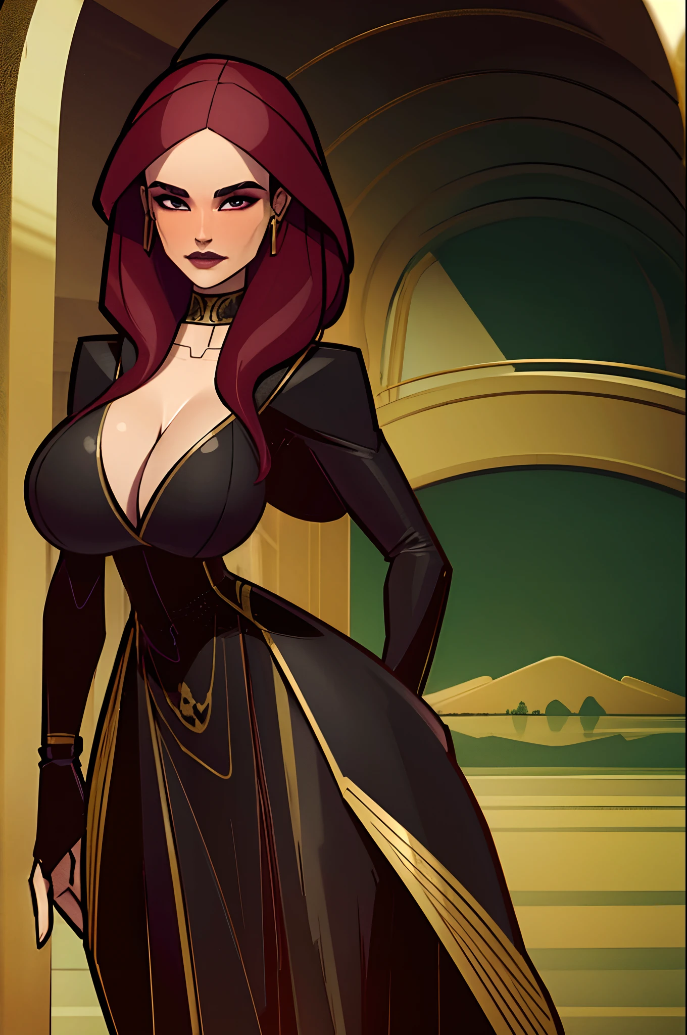 masterpiece, Medieval, pale skin, prominent cheekbones, dark red hair in bun, giant breasts, black dress, curvy, lipstick