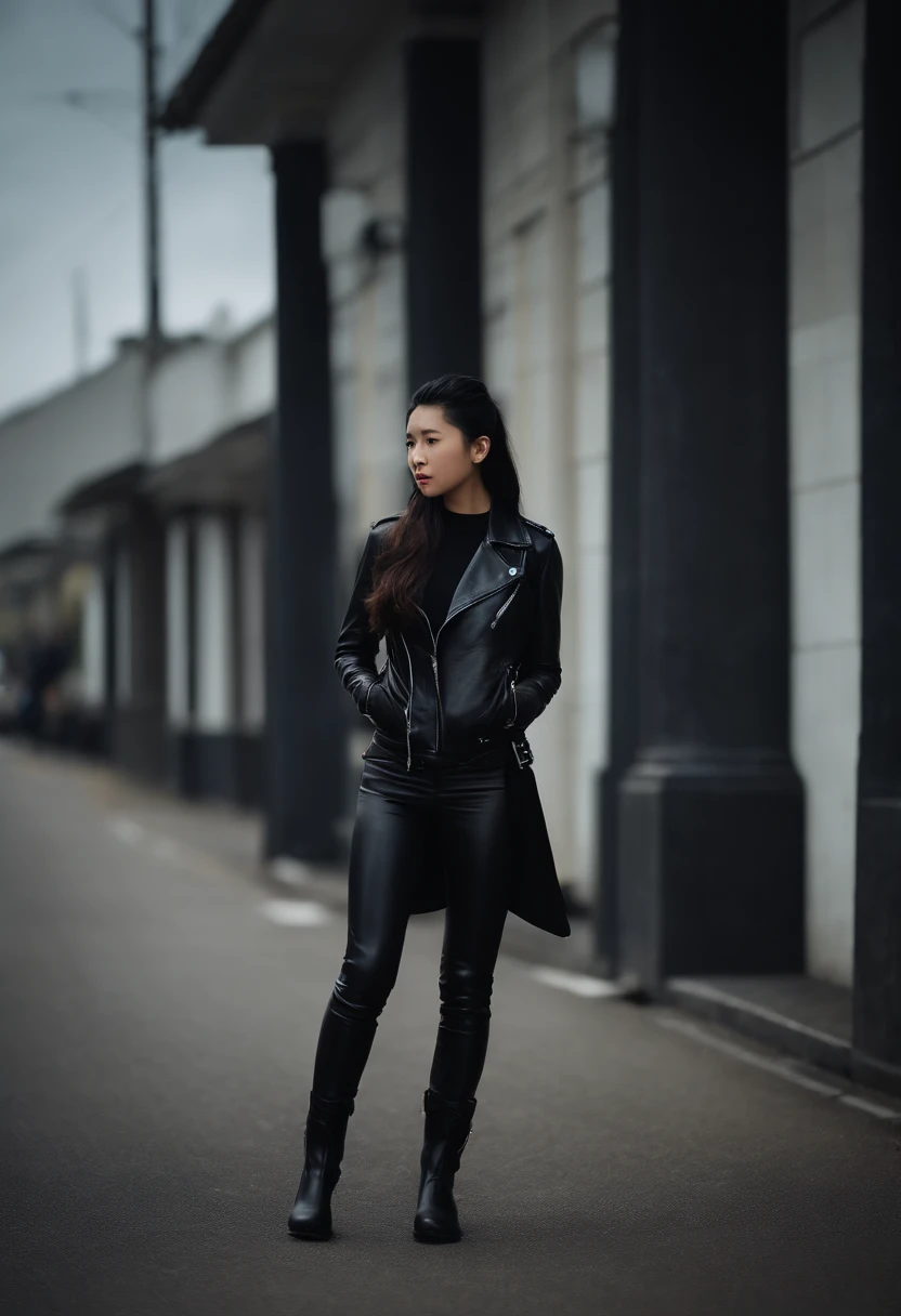 Black leather gloves、Black Leather Riders Jacket、Black Leather Slacks、Black leather long boots、Black hair ponytail、Japan High School Girl