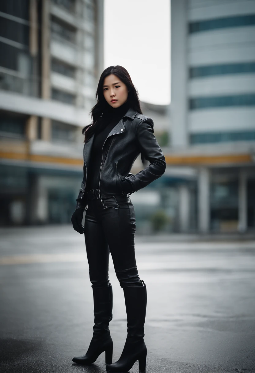 Black leather gloves、Black Leather Riders Jacket、Black Leather Slacks、Black leather long boots、Black hair ponytail、Japan High School Girl