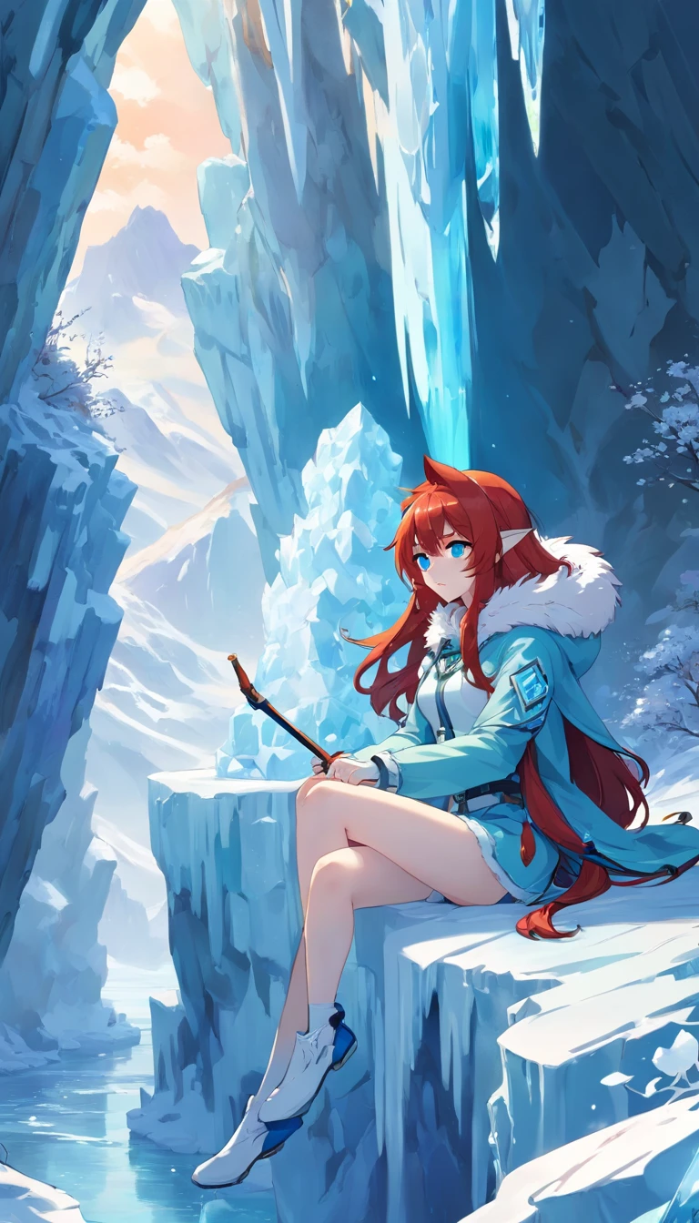 (Cold woman in ice shooter costume sitting on the edge of an ice cliff,Icebow Archer:1.2),(redhead hair: 1.5),(Fluffy Blue Hood,Cyan eyes,cane,Delicate and beautiful face:1.3),Subtle and perfect anatomy,Dynamic poses,Snowy day,Fantasy art,Next to him is a white wolf,Prehistory of glaciers,Ice cliffs under your feet,A white_Rendering a Blue Gradient,Outstanding picture quality,high resolusion,higly detailed,Object Shadows,Dynamic Light Sources,Cloudy days,Screen dimming,tmasterpiece,official arts,Full-size graph,Next to the woman lay a white wolf,Detailed Hair Representation,,Luna River,Tianqingniu,flower,1 girl