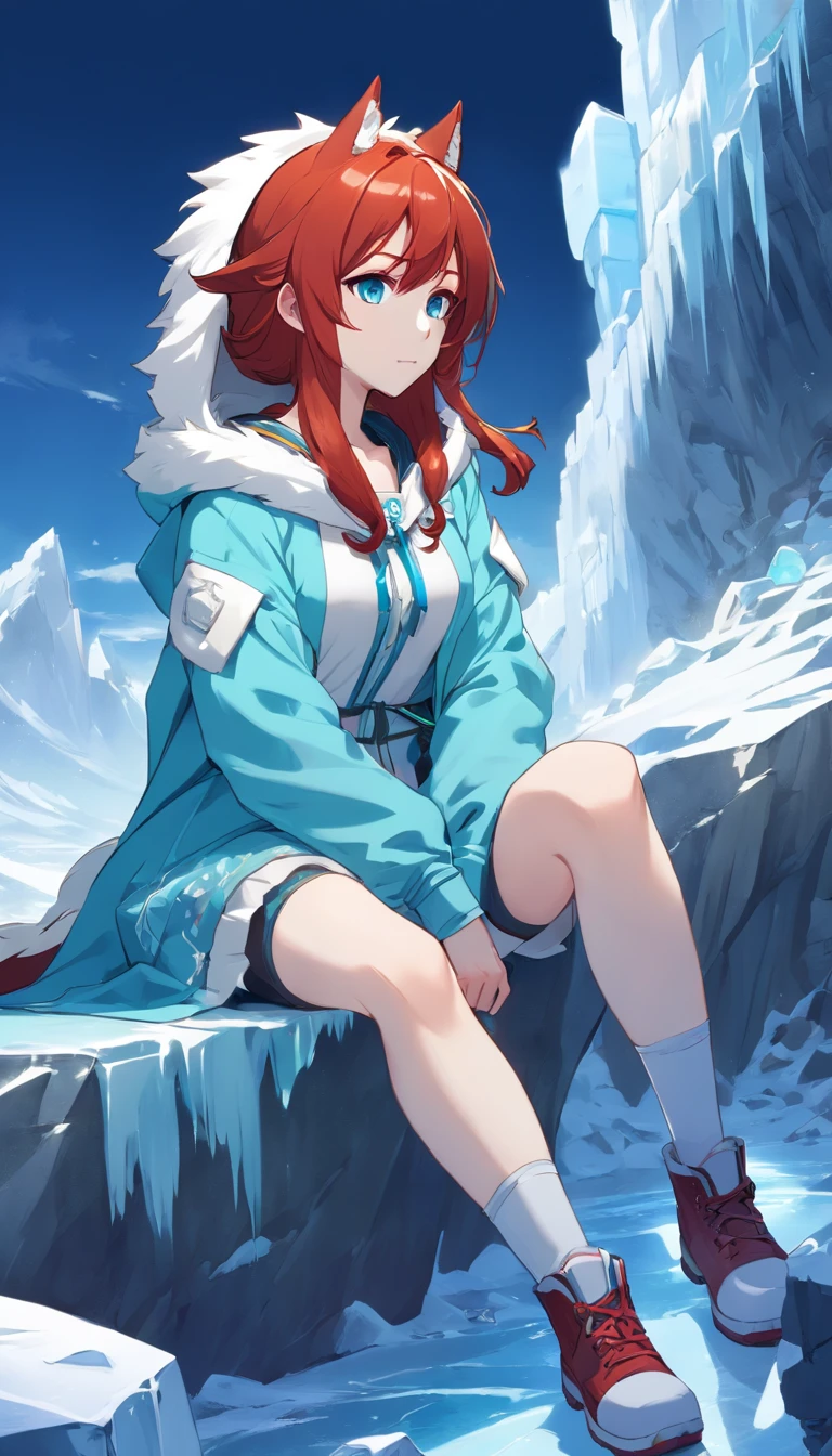 (Cold woman in ice shooter costume sitting on the edge of an ice cliff,Icebow Archer:1.2),(redhead hair: 1.5),(Fluffy Blue Hood,Cyan eyes,cane,Delicate and beautiful face:1.3),Subtle and perfect anatomy,Dynamic poses,Snowy day,Fantasy art,Next to him is a white wolf,Prehistory of glaciers,Ice cliffs under your feet,A white_Rendering a Blue Gradient,Outstanding picture quality,high resolusion,higly detailed,Object Shadows,Dynamic Light Sources,Cloudy days,Screen dimming,tmasterpiece,official arts,Full-size graph,Next to the woman lay a white wolf,Detailed Hair Representation,,Luna River,Tianqingniu,flower,1 girl