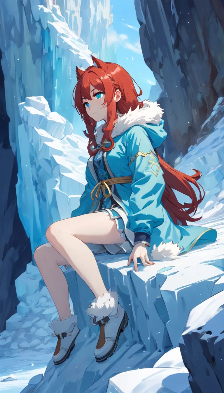(Cold woman in ice shooter costume sitting on the edge of an ice cliff,Icebow Archer:1.2),(redhead hair: 1.5),(Fluffy Blue Hood,Cyan eyes,cane,Delicate and beautiful face:1.3),Subtle and perfect anatomy,Dynamic poses,Snowy day,Fantasy art,Next to him is a white wolf,Prehistory of glaciers,Ice cliffs under your feet,A white_Rendering a Blue Gradient,Outstanding picture quality,high resolusion,higly detailed,Object Shadows,Dynamic Light Sources,Cloudy days,Screen dimming,tmasterpiece,official arts,Full-size graph,Next to the woman lay a white wolf,Detailed Hair Representation,,Luna River,Tianqingniu,flower,1 girl