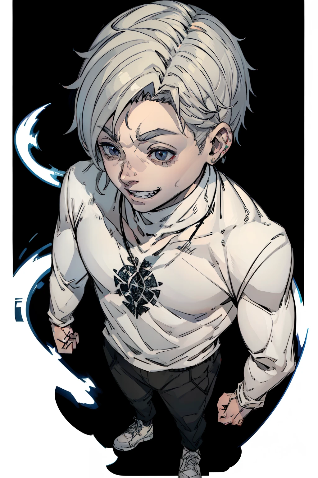 A boy with almost pale white skin, medium height, gray eyes, left eyebrow with a line, a smile with slightly sharp canine teeth, wearing a white turtleneck sweater, white pants, white sneakers, occult symbols tattooed on his neck, full body