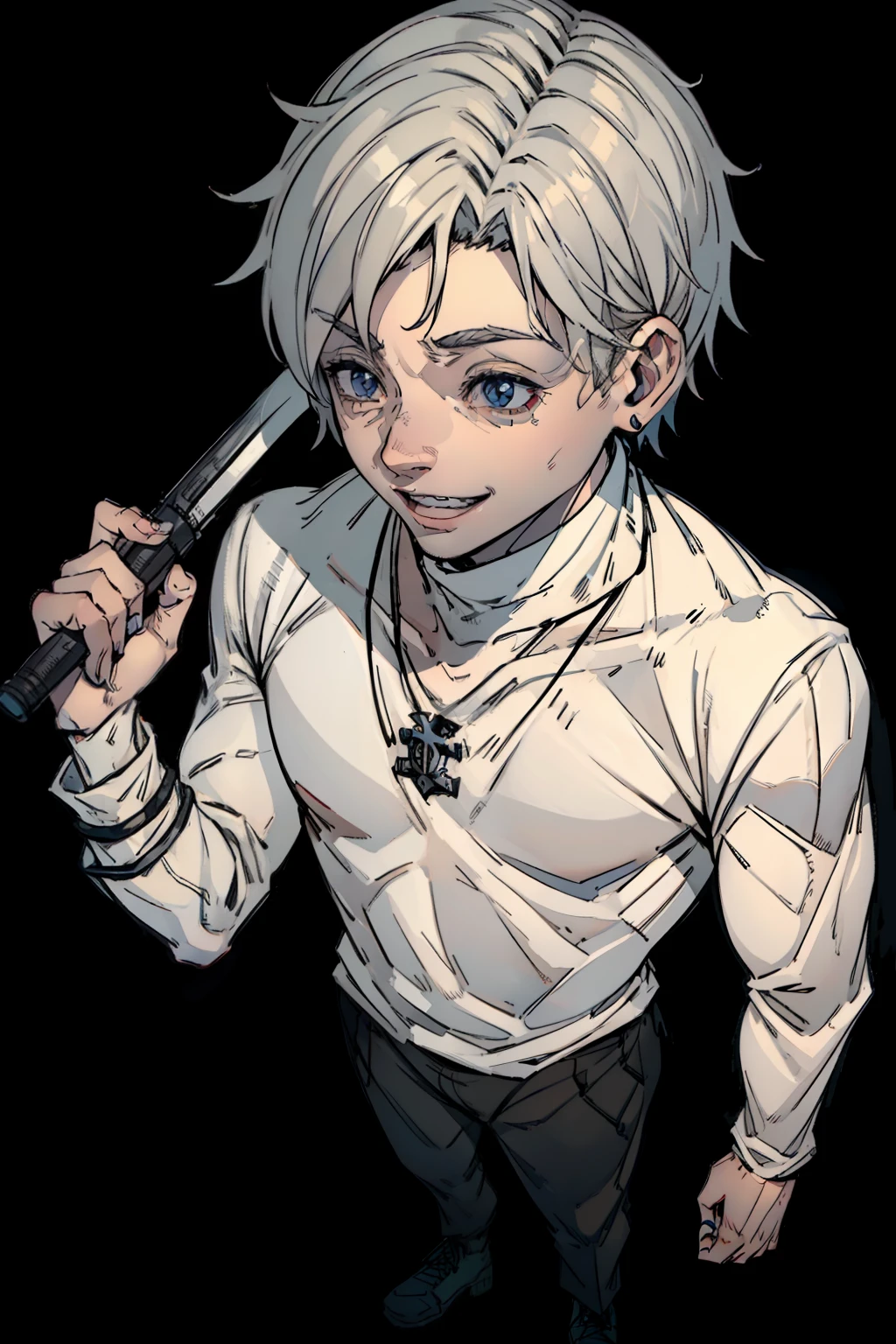 A boy with almost pale white skin, medium height, gray eyes, left eyebrow with a line, a smile with slightly sharp canine teeth, wearing a white turtleneck sweater, white pants, white sneakers, occult symbols tattooed on his neck, full body