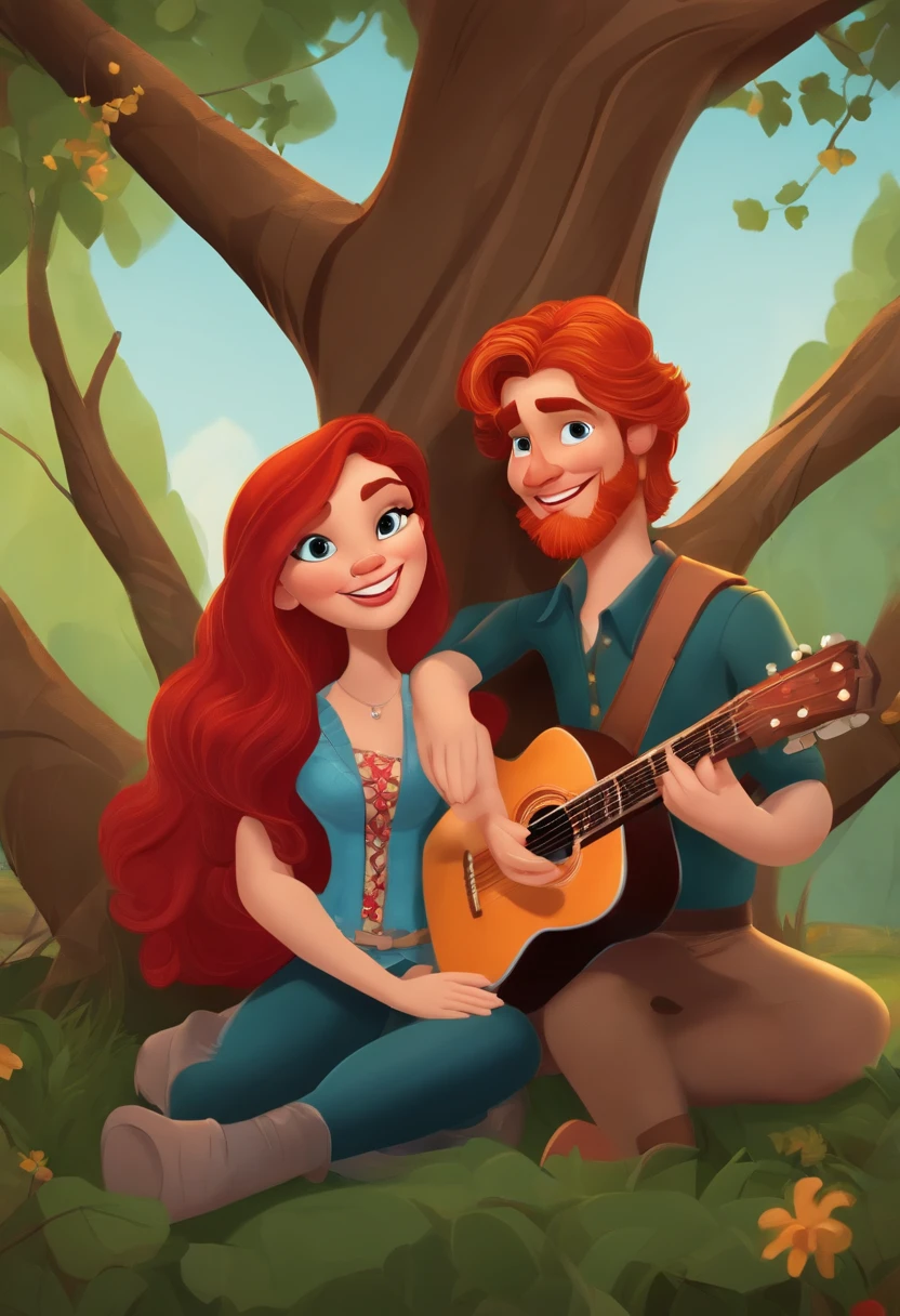 Cartoon character of a couple sitting under a tree. He's red-haired and holds a guitar. She is brunette and long-haired.
