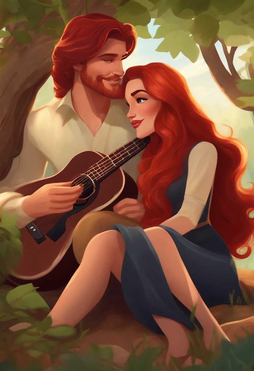 Cartoon character of a couple sitting under a tree. He's red-haired and holds a guitar. She is brunette and long-haired.